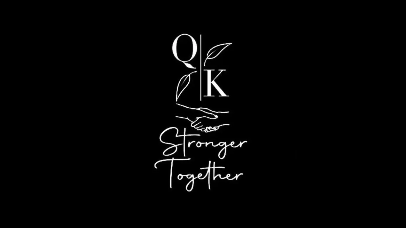 Logo with "QK" in white on black background, featuring leaves, handshake illustration, and the words "Stronger Together."