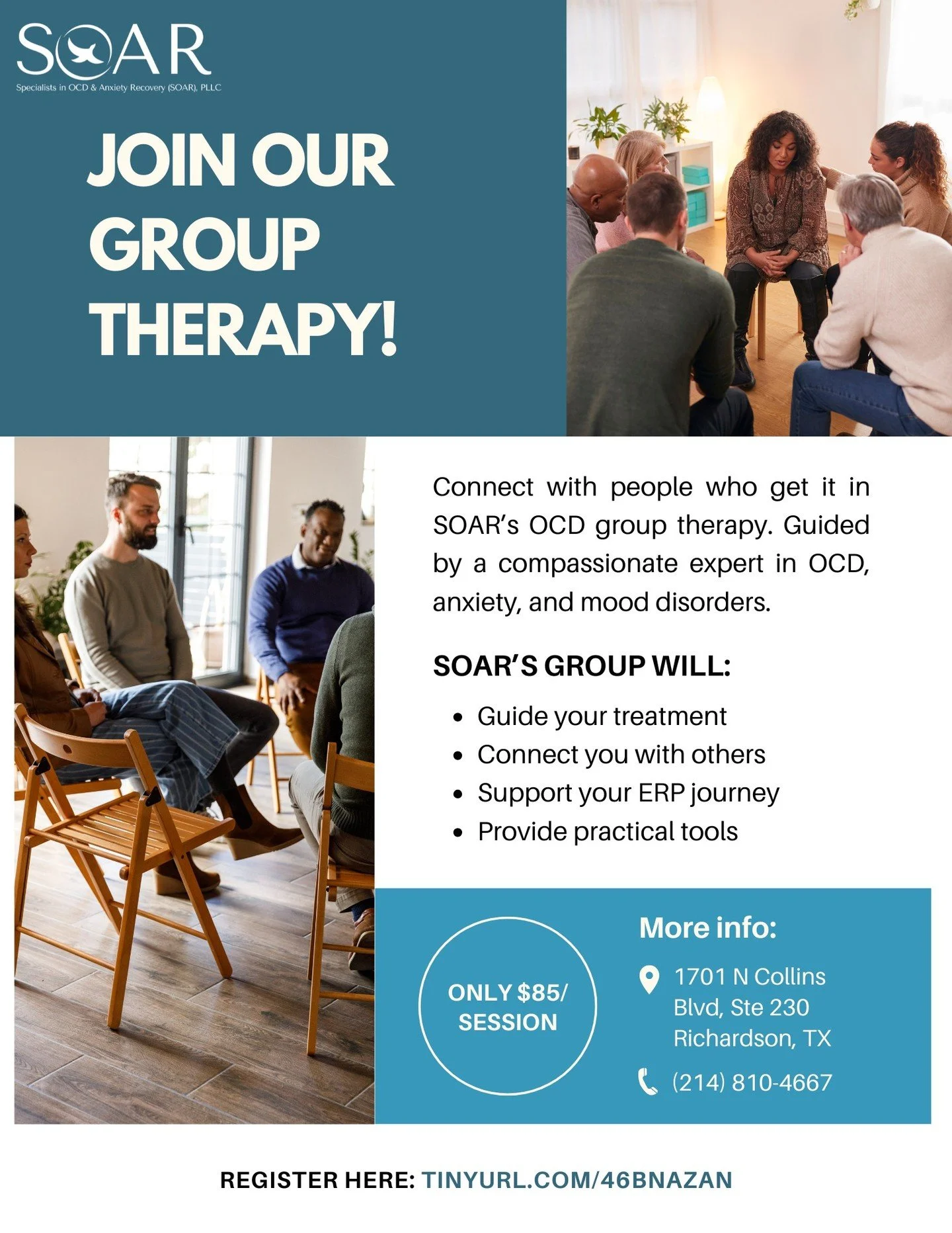 SOAR&rsquo;s 8-week, in-person Spring Group Therapy (21+) offers connection, support, and proven tools for individuals navigating OCD, anxiety, and related disorders. 

Led by one of our licensed SOAR clinicians, Findley Harris, using evidence-based 