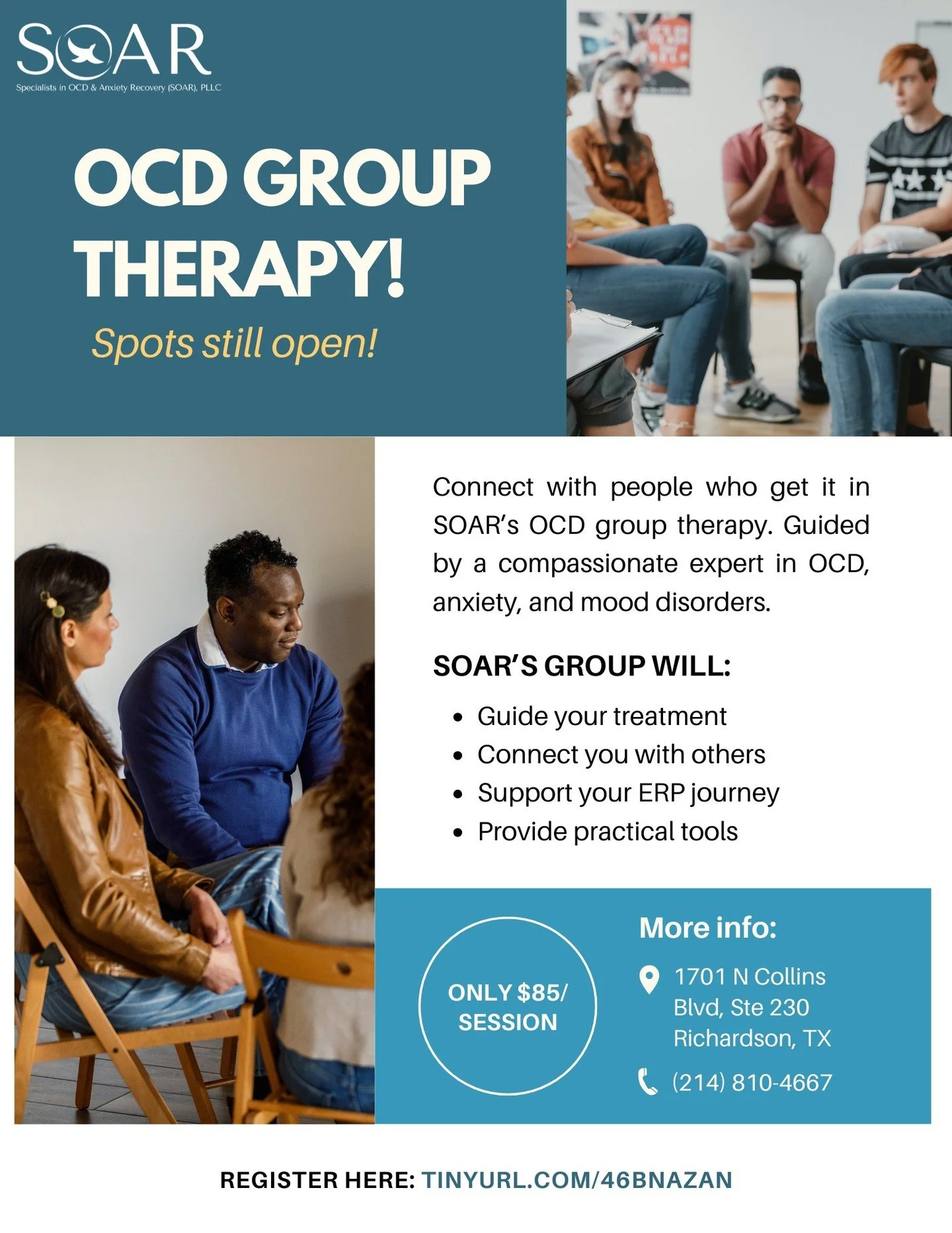 SOAR's OCD Group Therapy (21+) starts in just one week on January 27th, 2026! Guided by one of our OCD specialists, Findley Harris, LPC-S, learn practical tools and connect with others who are on their ERP treatment journey.

🔗 Register here: tinyur