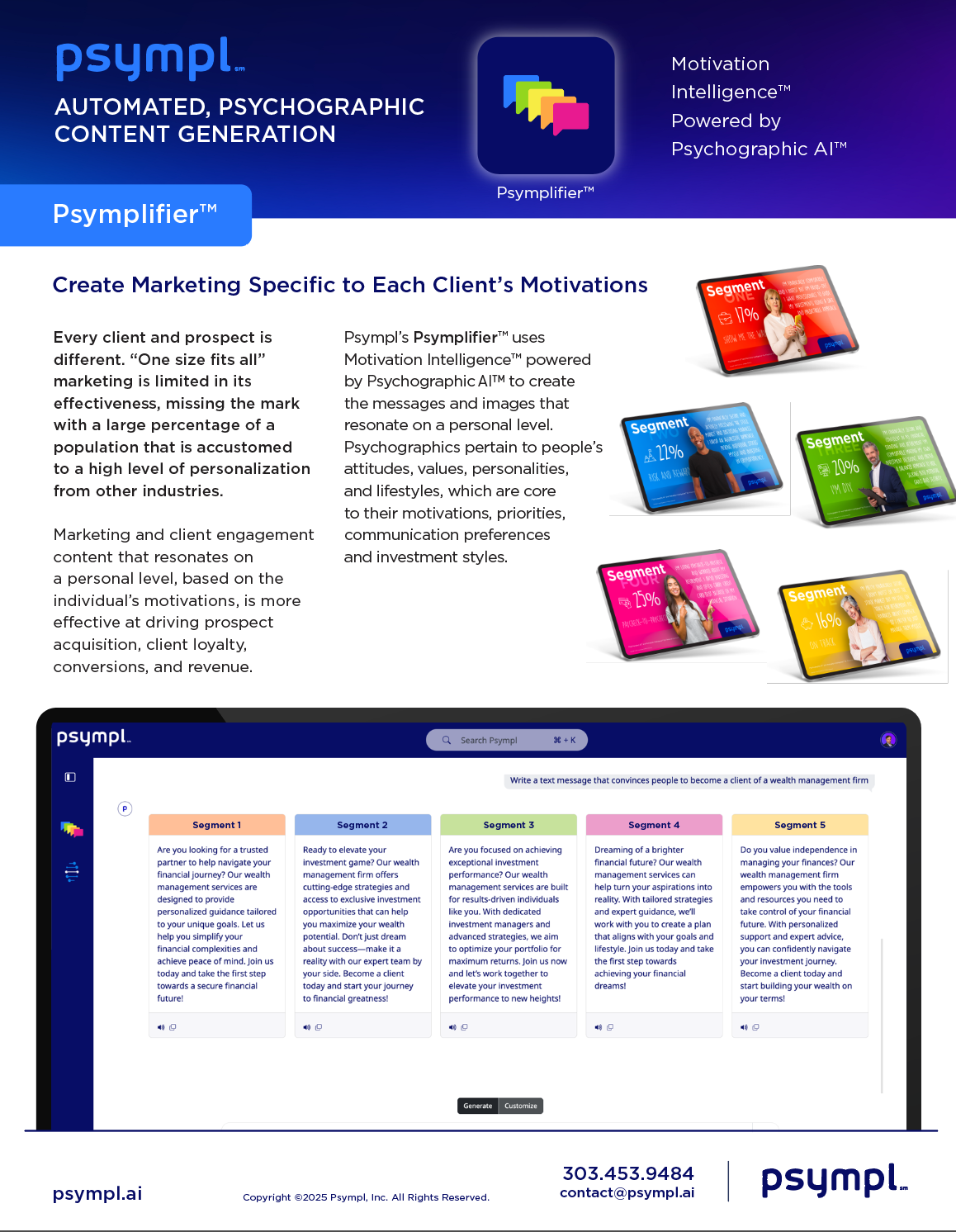 An informational poster for Psympl, an AI-powered psychographic content generator, describing how it creates personalized marketing messages using motivation intelligence and displays sample segmented advertisements and a dashboard interface.