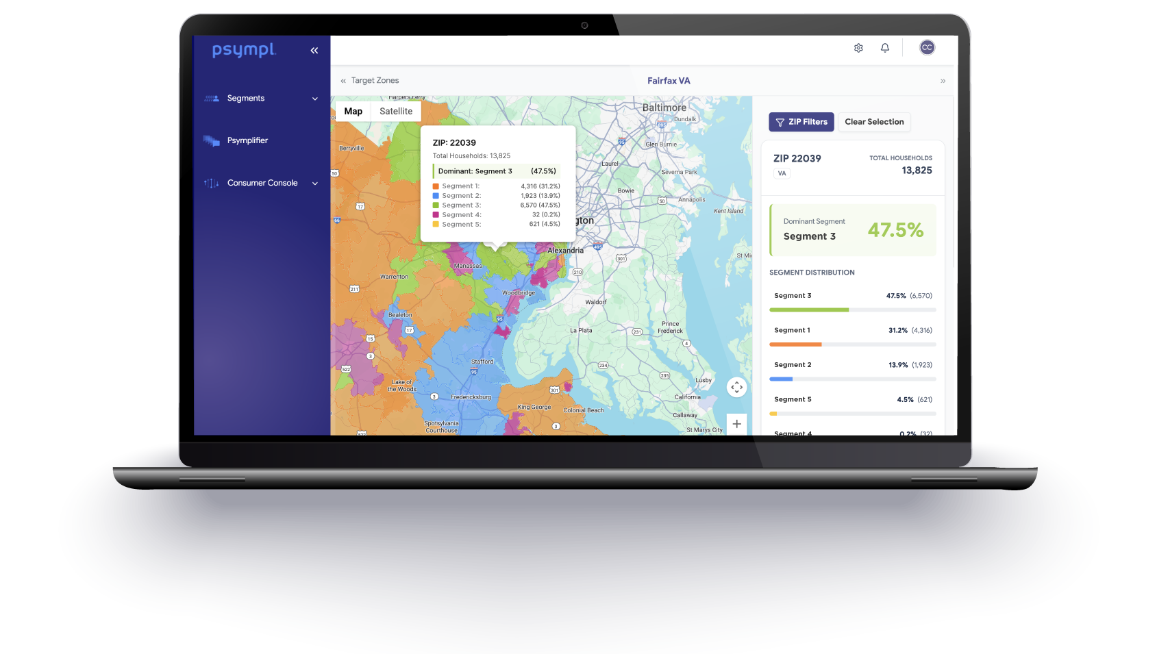 Laptop displaying a map with ZIP code data analysis, highlighting demographic segments in Virginia, with a pop-up showing ZIP 22039's household distribution among segments.
