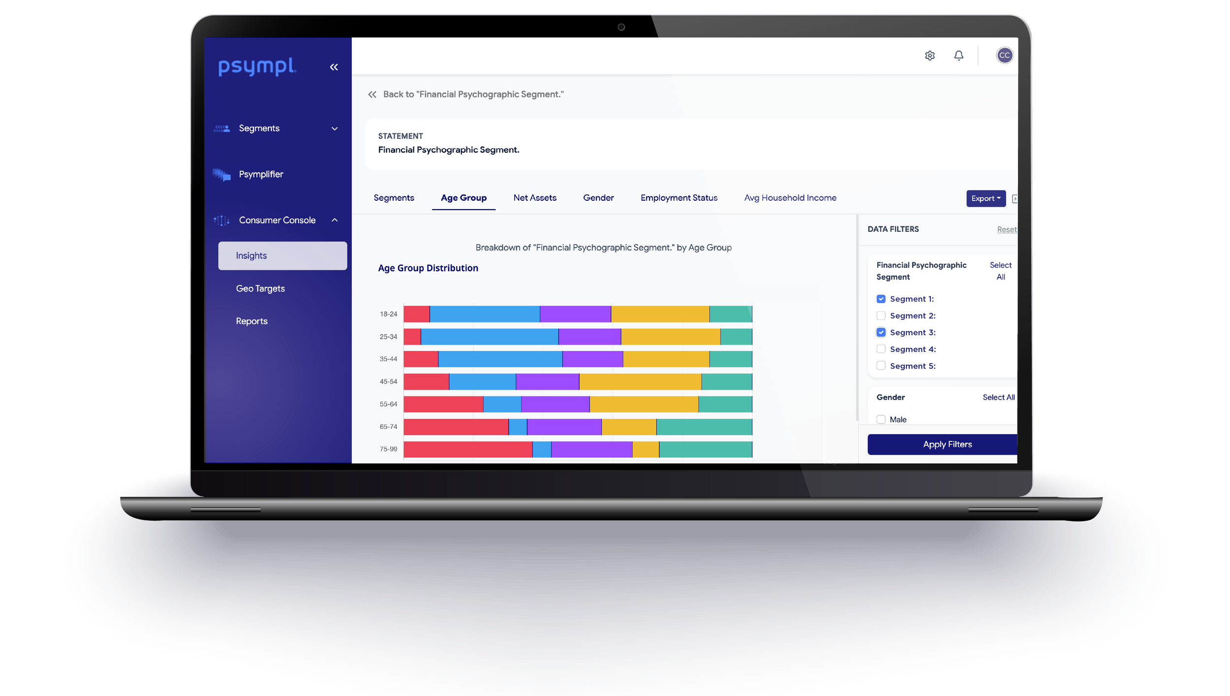 Laptop screen displaying a data analysis dashboard with a section titled 'Financial Psychographic Segment.' featuring a bar chart showing age group distribution across different segments, with filters for segment selection and gender options visible.
