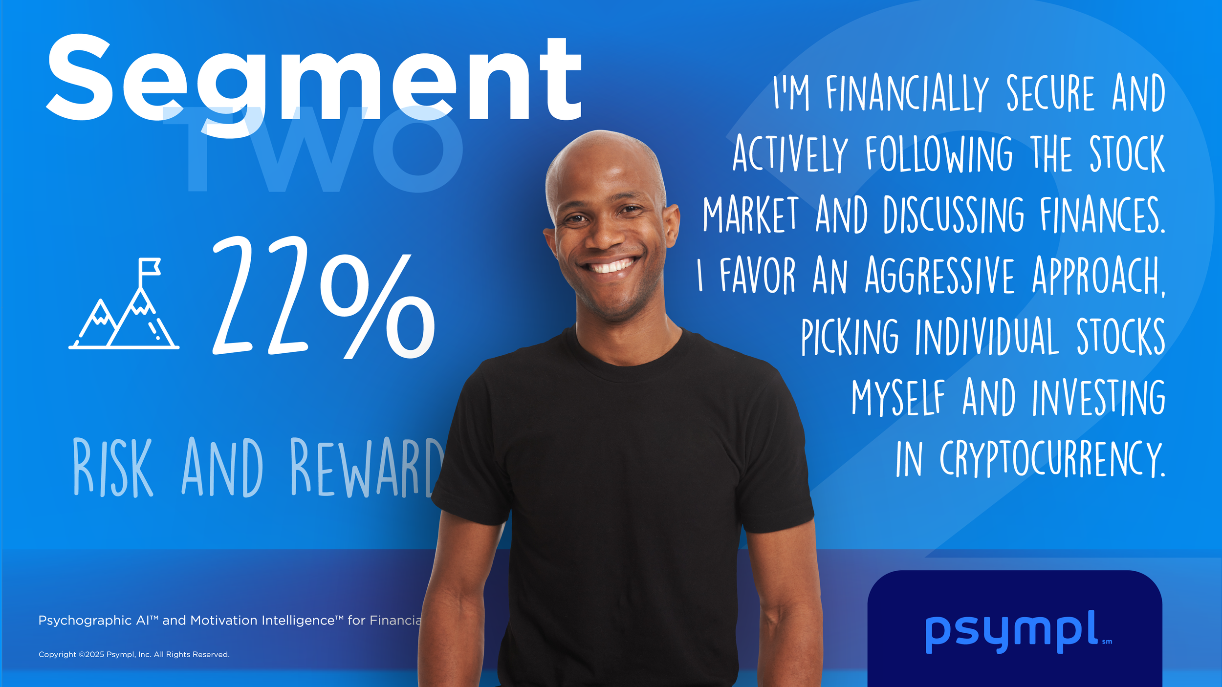 A man smiling in front of a blue background featuring text about stocks and investments, including a 22% figure, a mountain icon, and the Psympl logo.