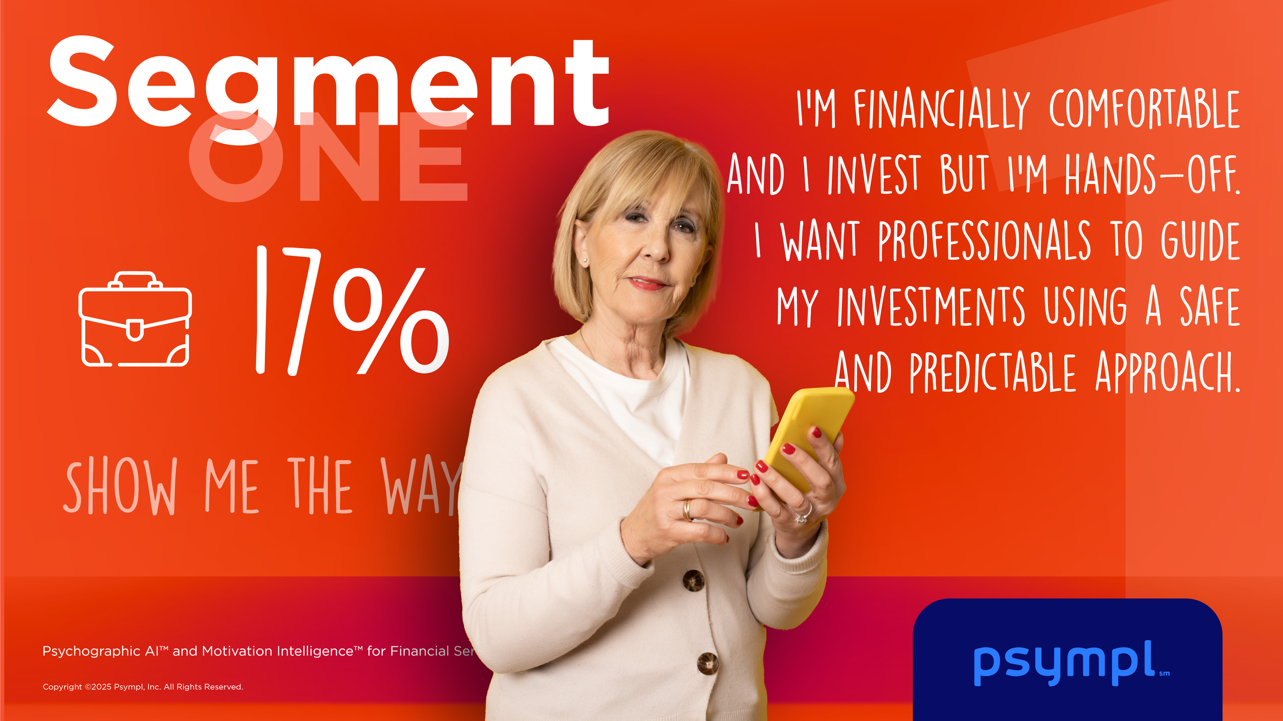 A woman with blonde hair wearing a beige cardigan holds a yellow smartphone. The background has an orange gradient with text and graphics related to financial investing, including a briefcase icon and a 17% statistic. The logo of Psymlp is in the bottom right corner.