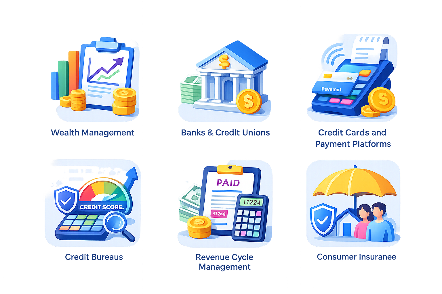 Six icons representing financial services: Wealth Management, Banks & Credit Unions, Credit Cards and Payment Platforms, Credit Bureaus, Revenue Cycle Management, and Consumer Insurance, with corresponding symbols such as charts, bank building, payment terminal, shield with calculator, paid invoice, and umbrella with people.