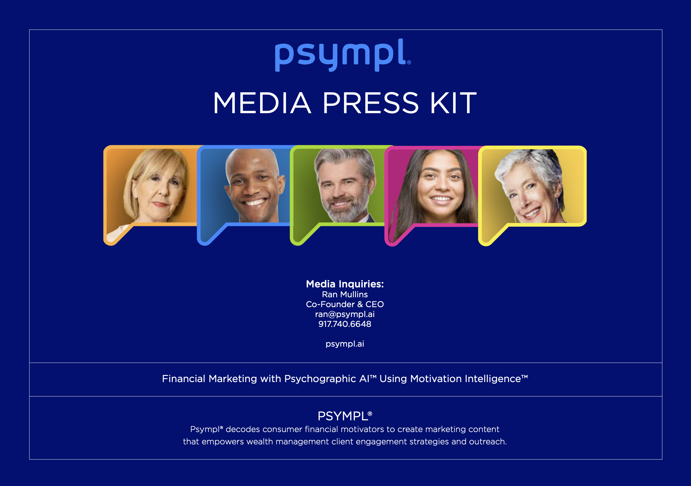 A blue media press kit cover with the Psympl logo and five colorful speech bubbles containing diverse smiling people's faces. Text includes company contact details and information about financial marketing using psychographic AI.