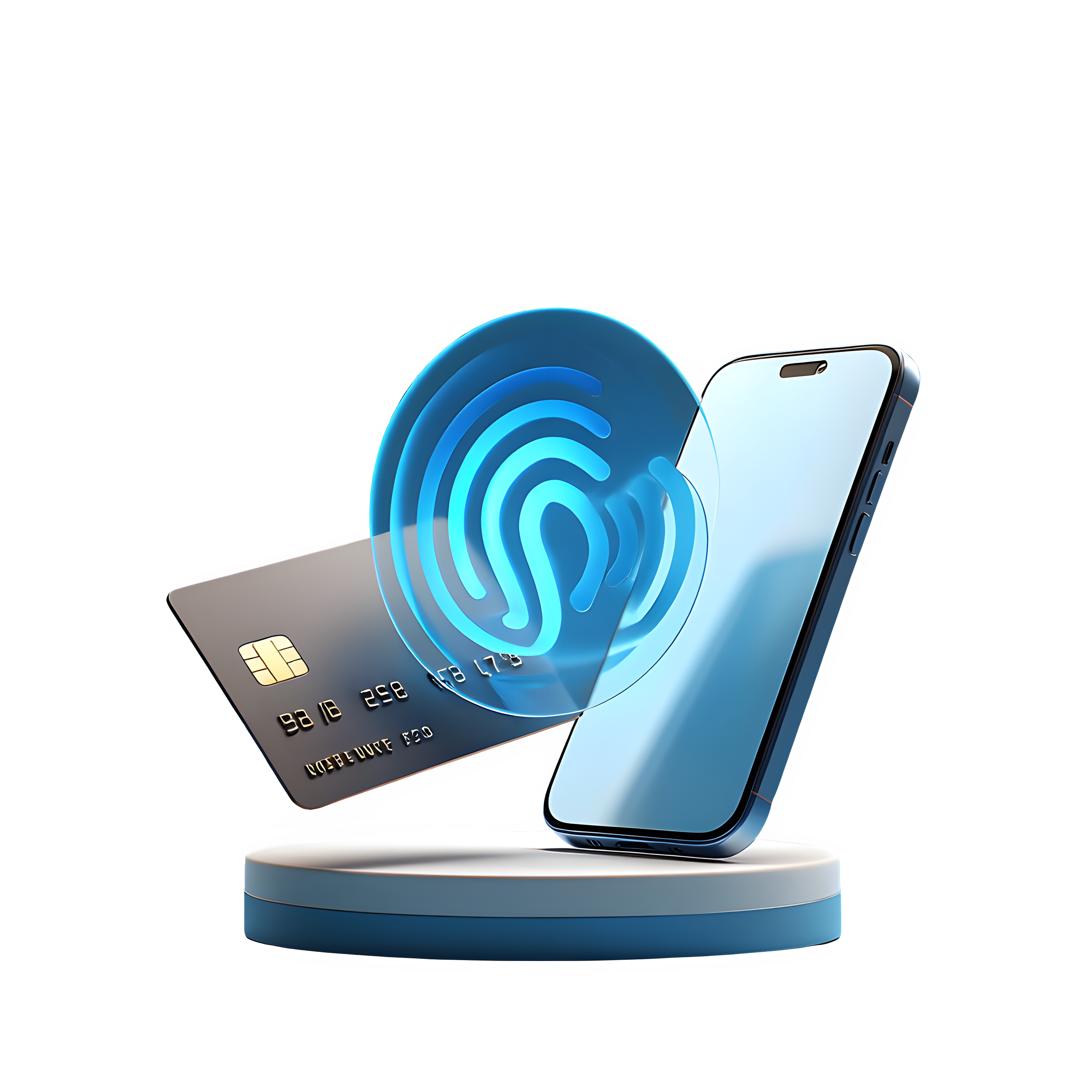 Smartphone and credit card on a circular stand with a blue fingerprint scanner icon overlay