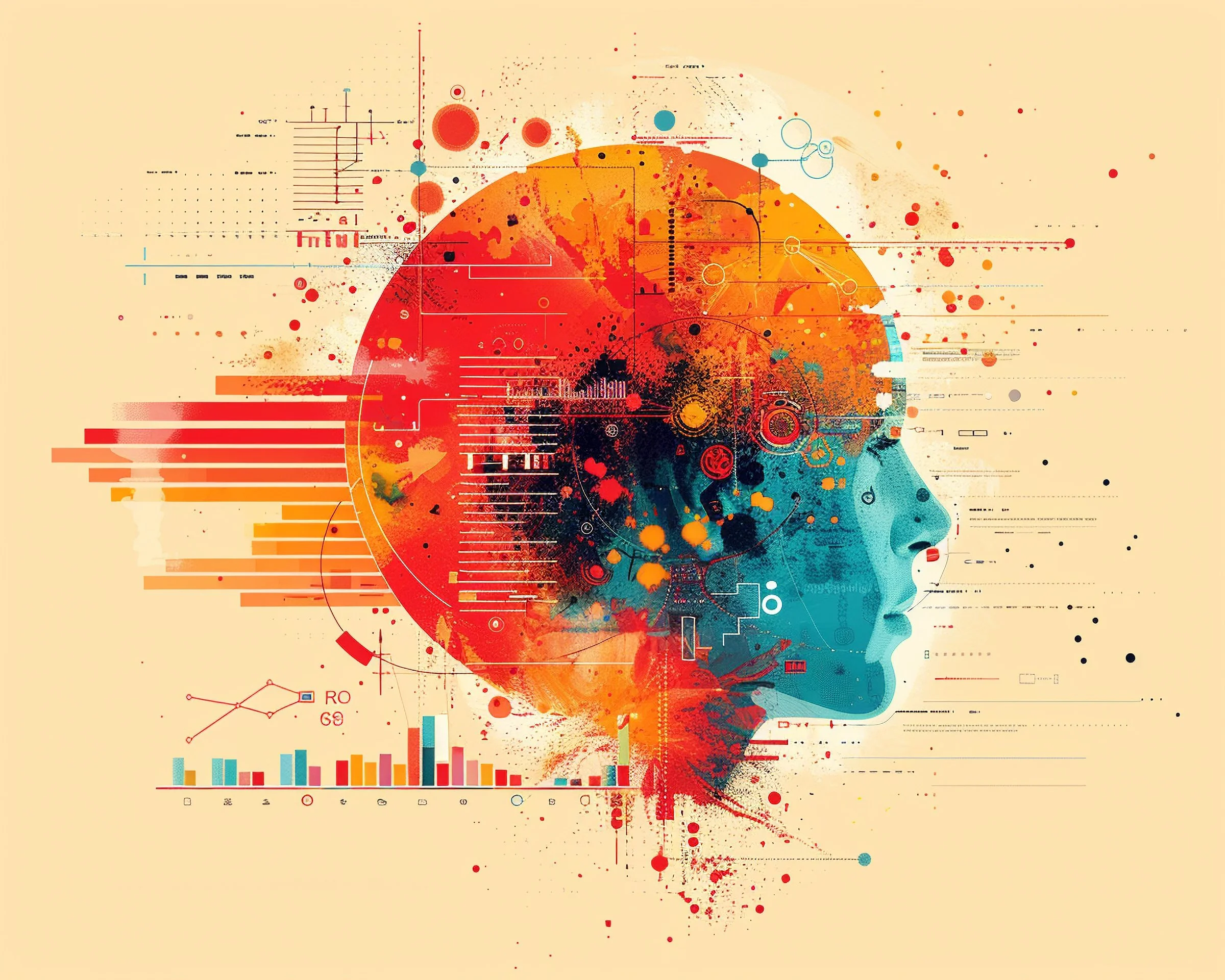 Digital illustration of a human face in profile with a colorful, abstract technological background.