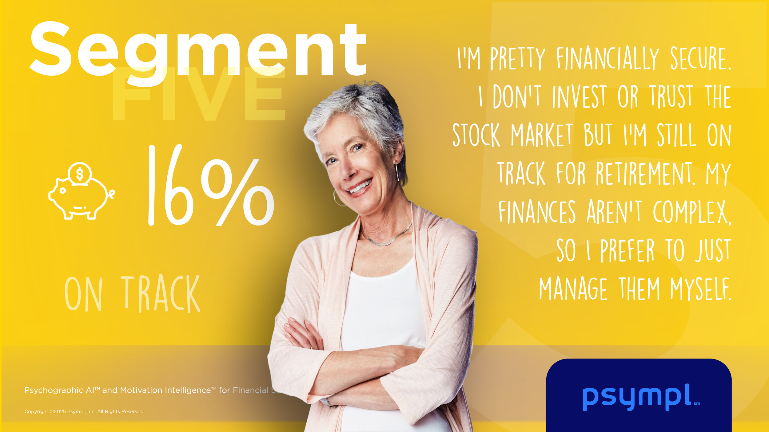 An older woman with gray hair smiling, standing with her arms crossed, against a yellow background with text related to financial management and a percentage of 16%, along with the Psympl logo.