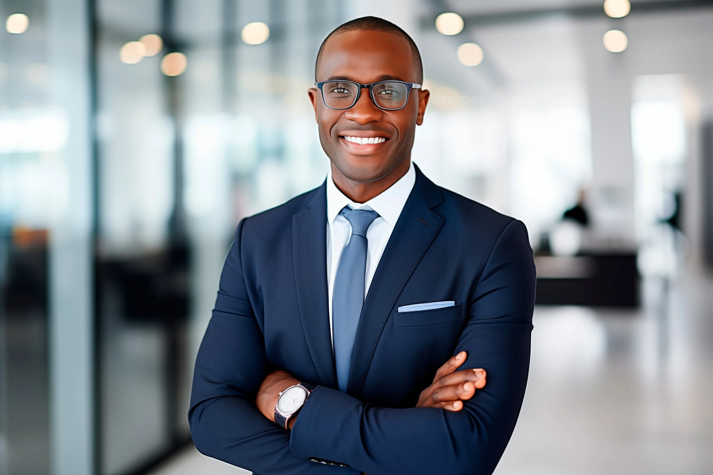 Smart African American man in suit and glasses smiling with arms crossed in modern office.