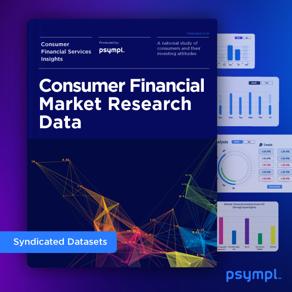 Cover page of a Psympl report titled 'Consumer Financial Market Research Data' with a dark blue background, colorful connected lines graphic, and a blue label indicating 'Syndicated Datasets.'