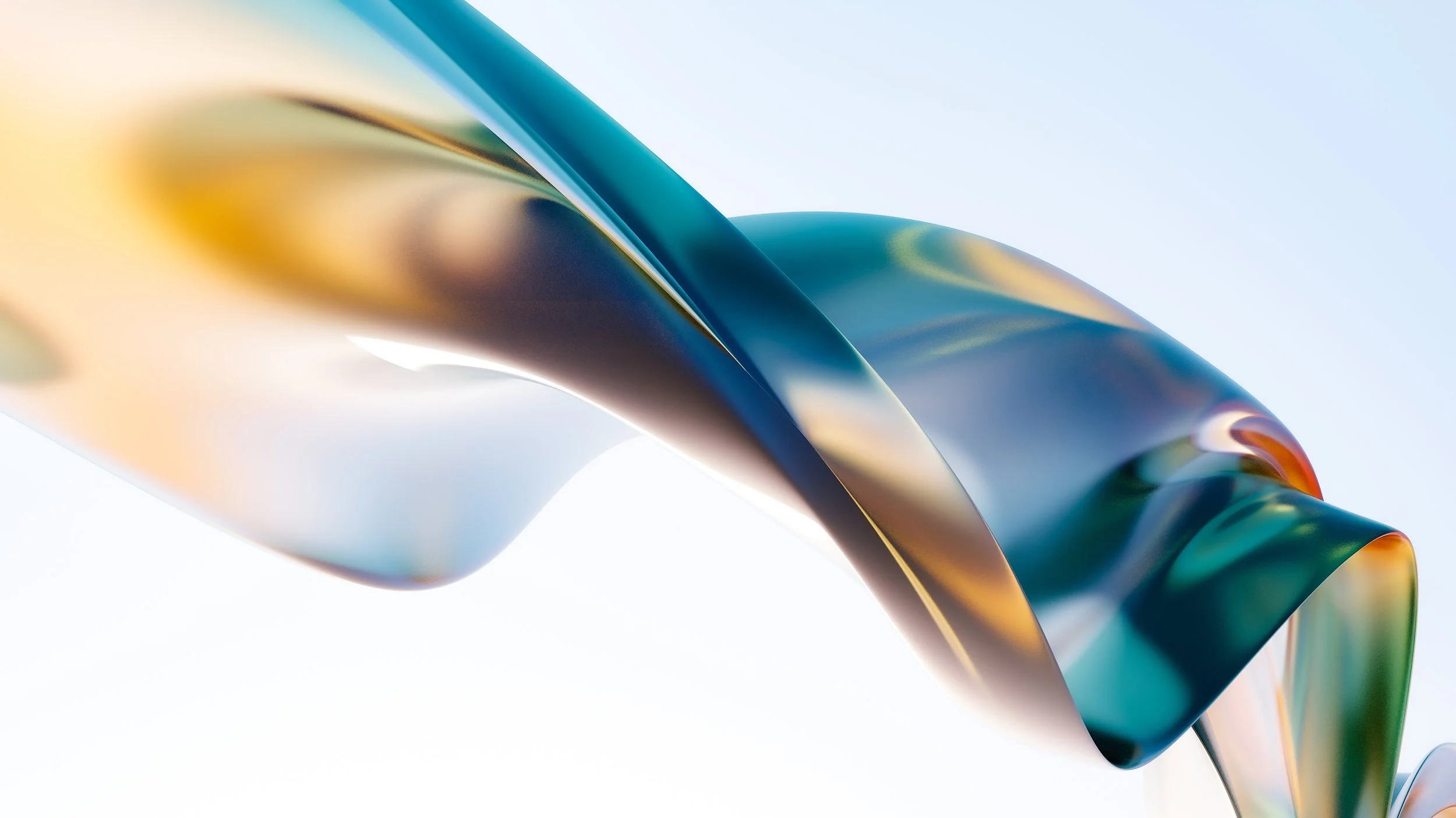 Close-up of a colorful, abstract, metallic sculpture with smooth, flowing curves against a light background.
