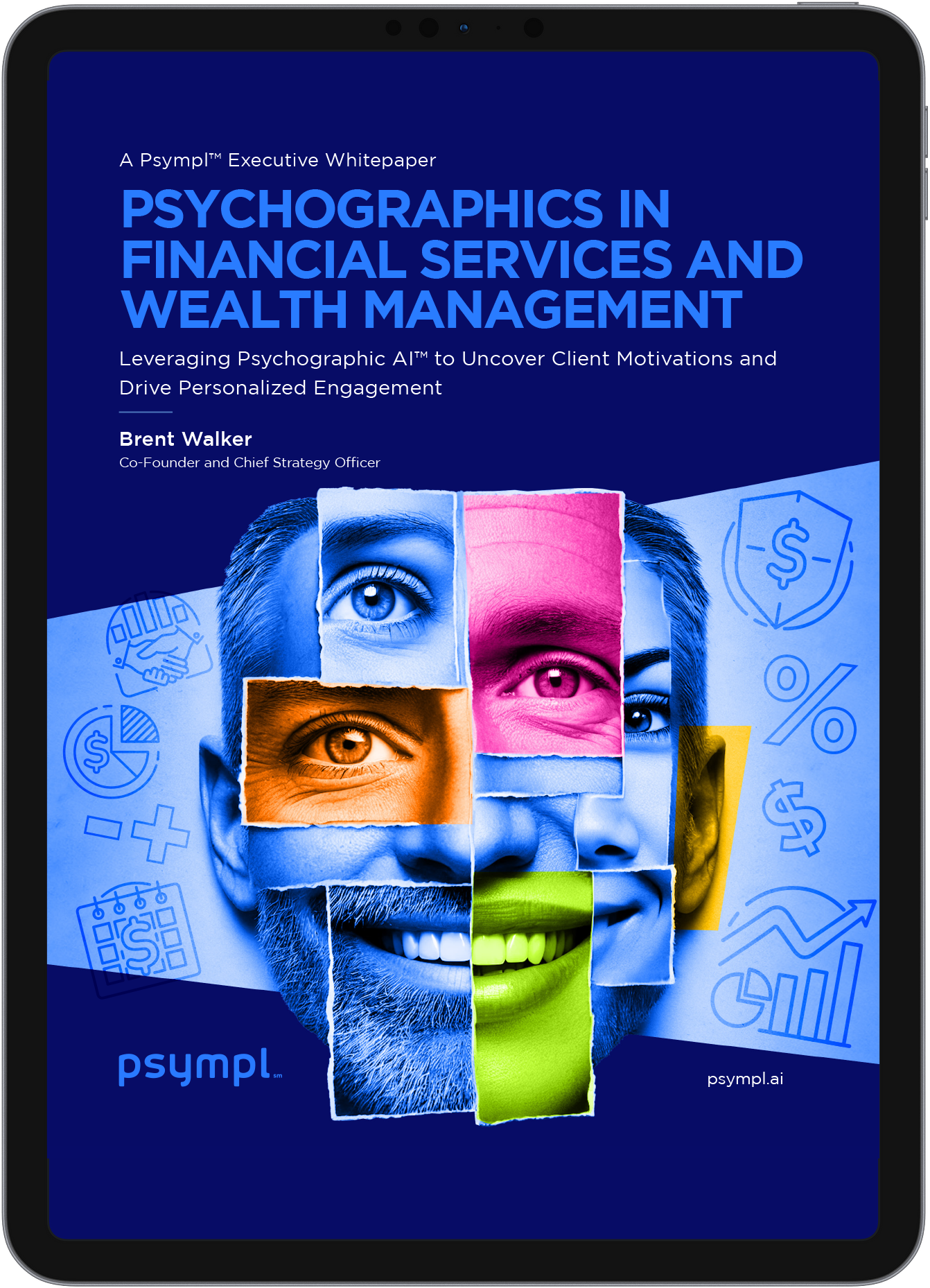 Cover of a whitepaper titled 'Psychographics in Financial Services and Wealth Management' with a collage of a smiling smiling man, a blue eye, a pink eye, and an orange eye, with financial icons in the background.