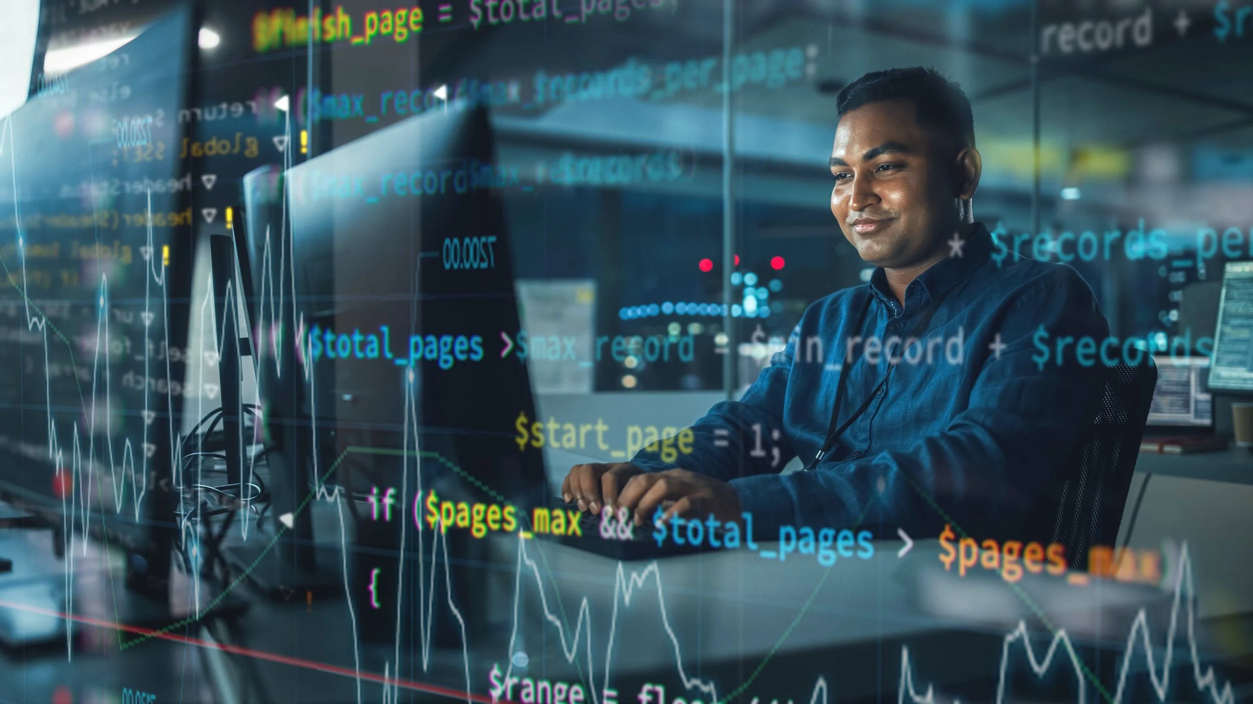 A man working on a computer in an office with code and data overlays on the screen, indicating programming or data analysis.