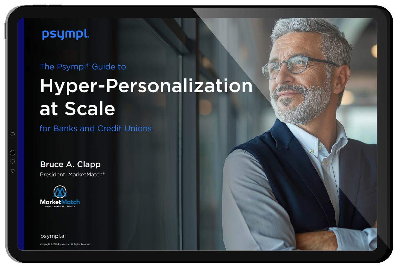 Cover of a guide titled 'The Psympl Guide to Hyper-Personalization at Scale' for banks and credit unions, featuring a confident older man with gray hair and glasses looking out a window.