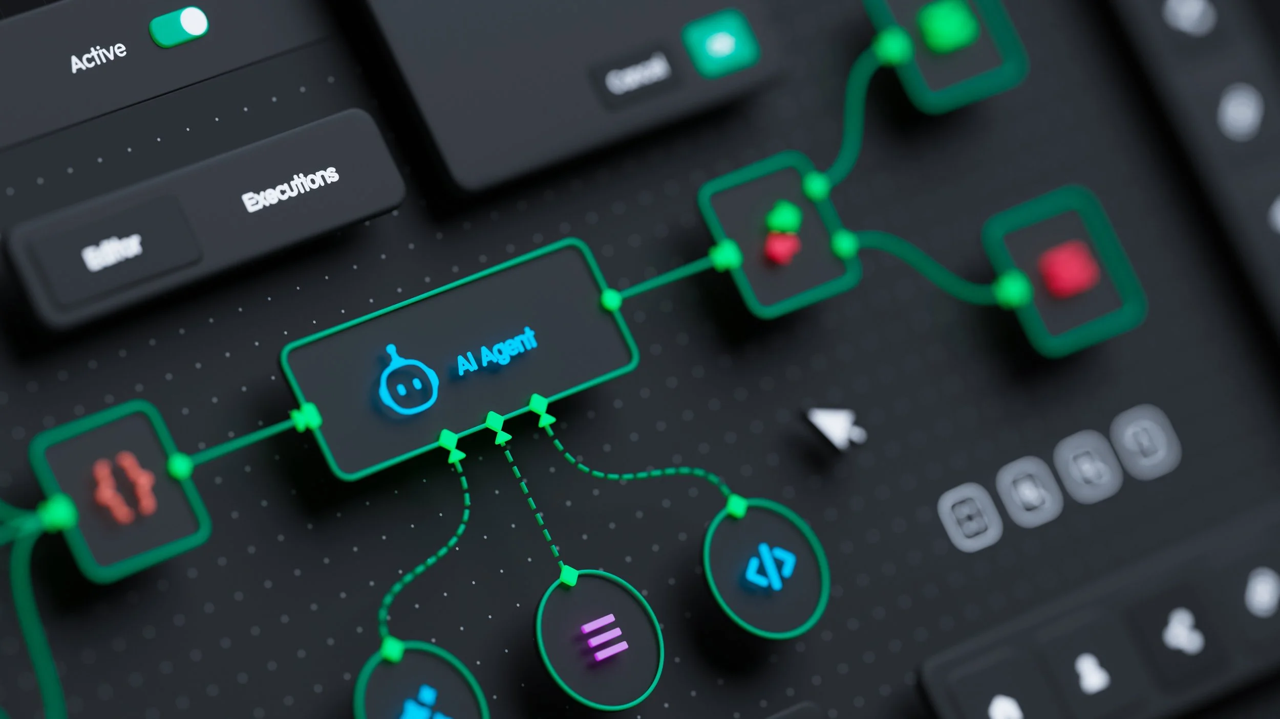 A digital diagram on a computer screen illustrating an AI agent system with connected nodes and pathways in green, red, purple, and blue, featuring labels like "AI Agent" and icons representing code and data processing.