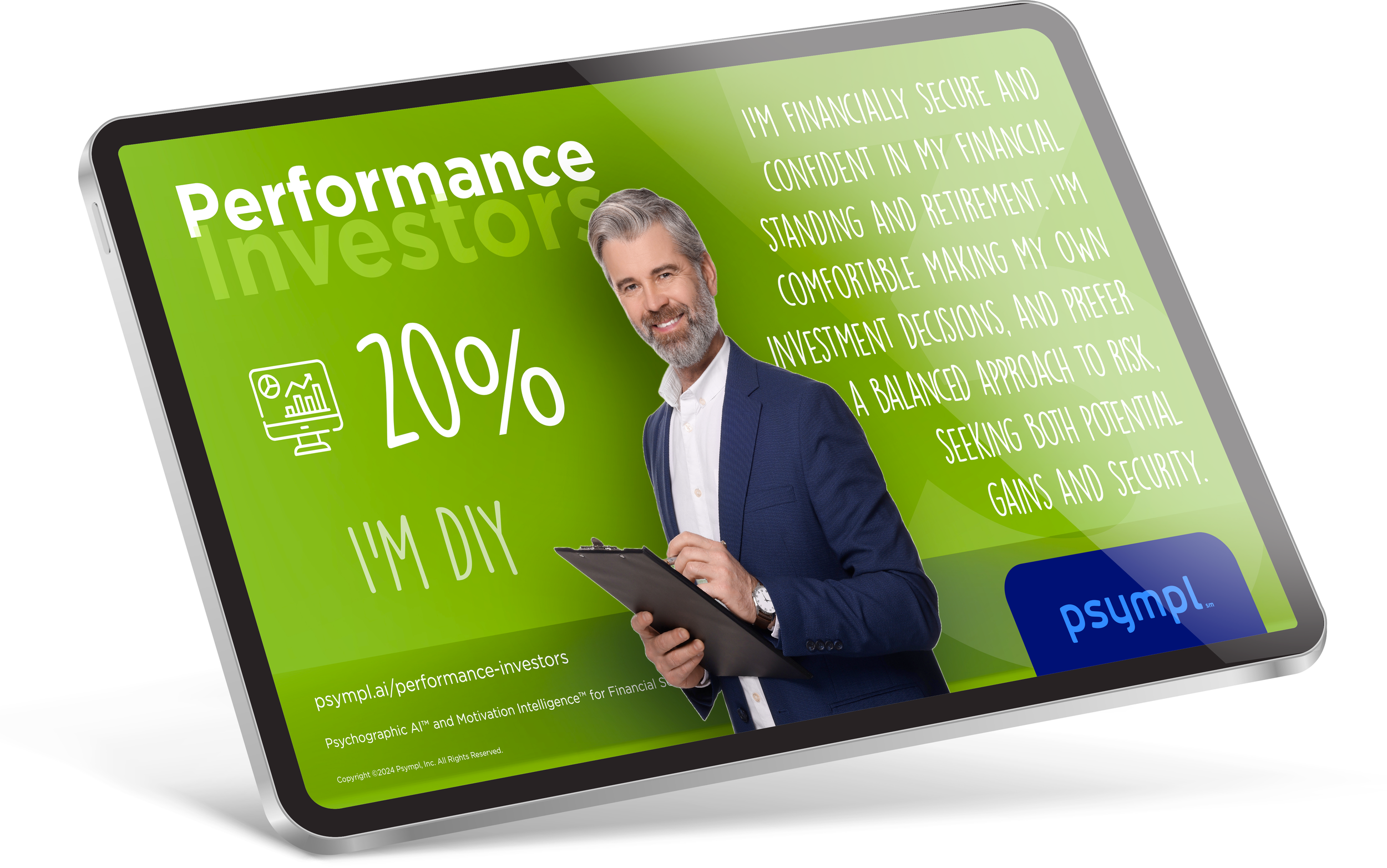 A man with gray hair and a beard, wearing a white shirt and navy blazer, holding a clipboard, in front of a green digital screen advertising investment performance with a 20% return, and text about financial confidence and security.