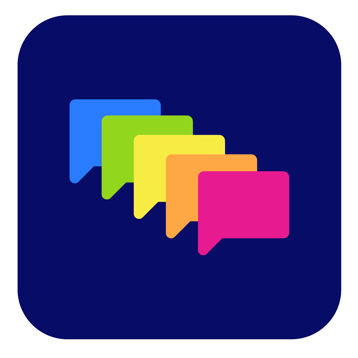 Icon with five overlapping colorful speech bubbles in blue, green, yellow, orange, and pink on a dark blue background.