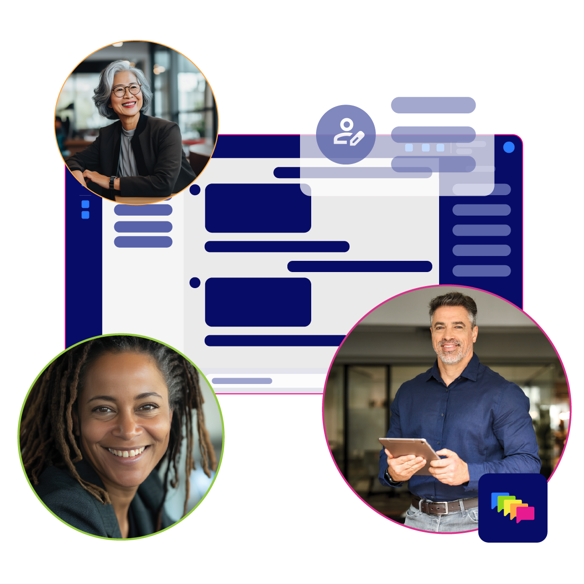 A digital collage featuring three people in professional settings with chat interface graphics in the background. The top left shows an elderly woman with gray hair and glasses smiling, the bottom left has a smiling young woman with dreadlocks, and the bottom right shows a middle-aged man with gray hair holding a tablet and smiling.