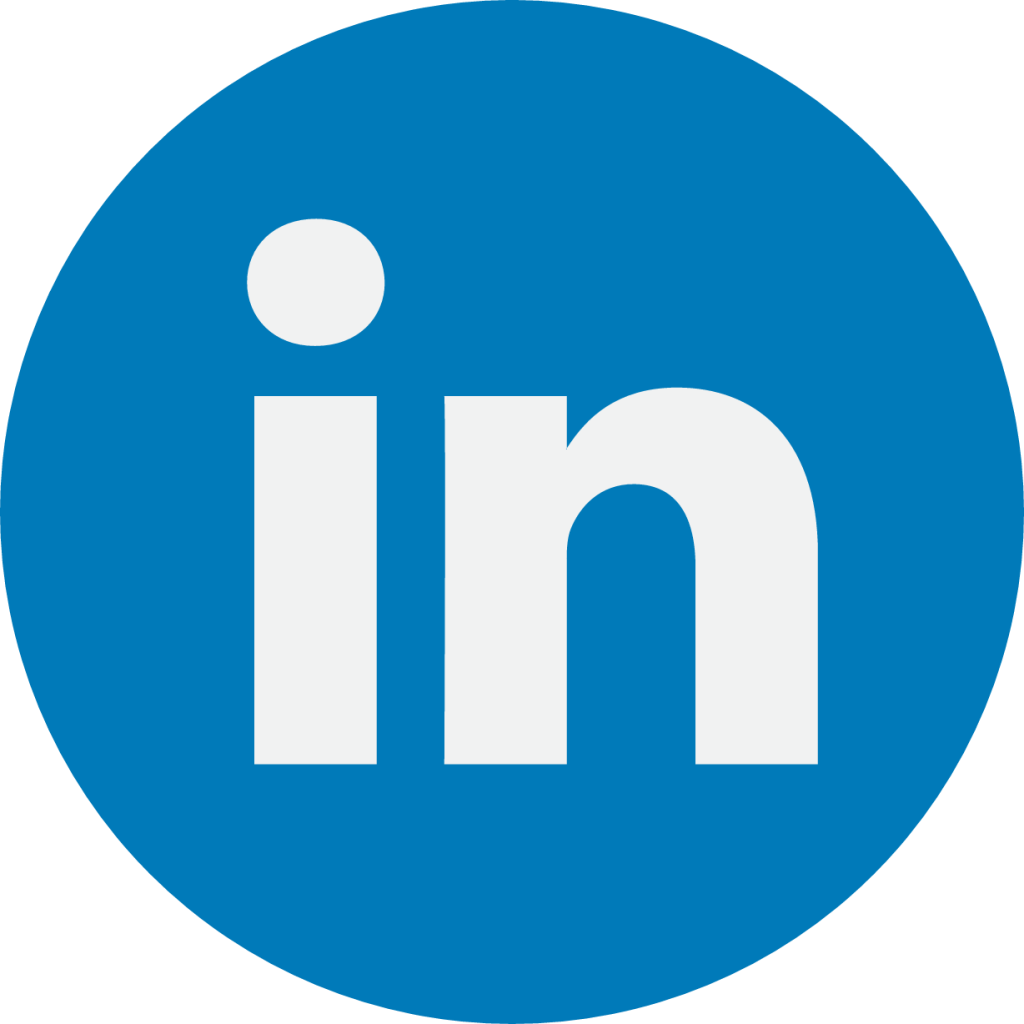 LinkedIn logo with white letters 'in' on a blue circular background.