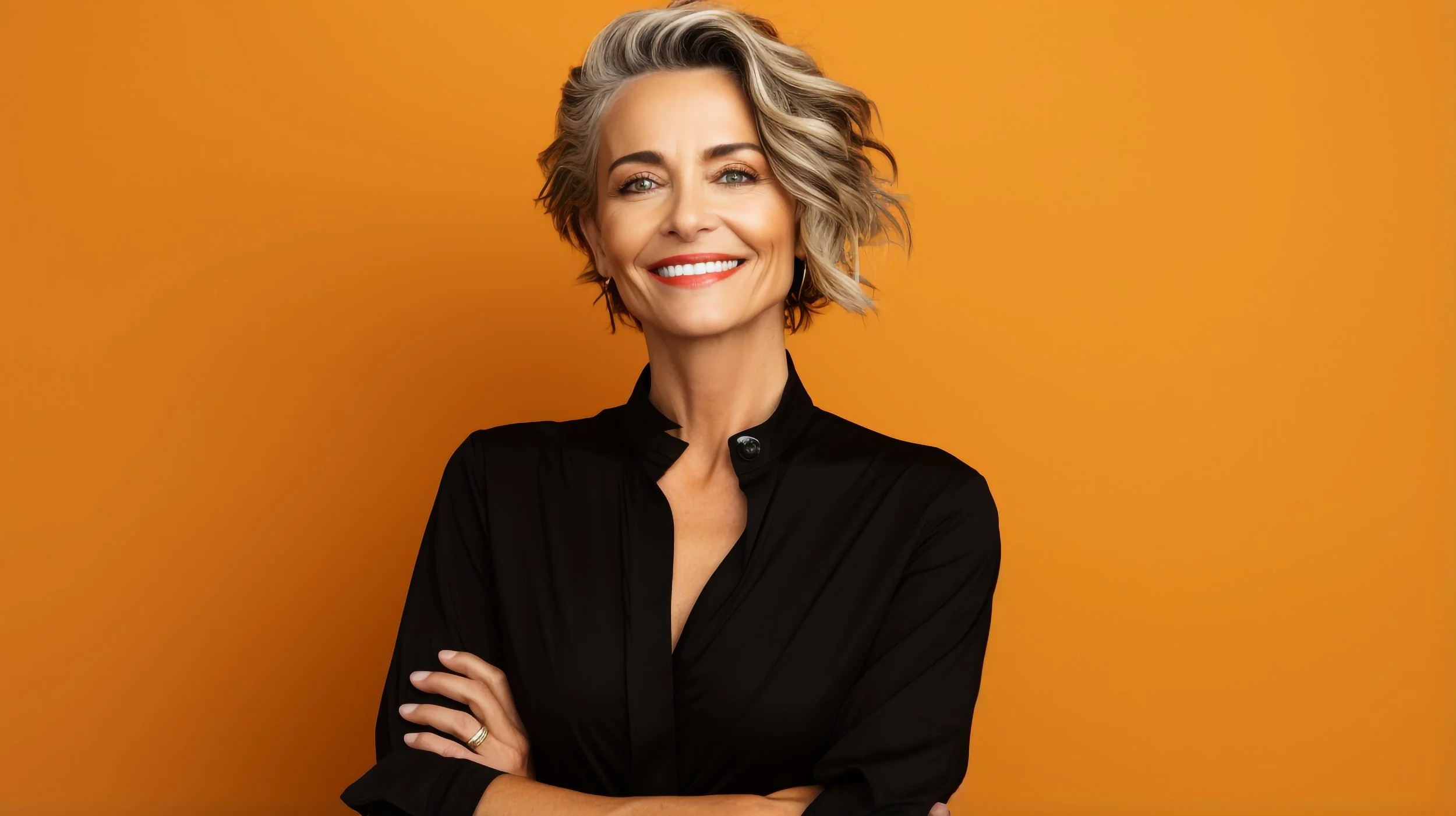 A smiling middle-aged woman with short, curly gray hair, wearing a black blouse, standing against a solid orange background.