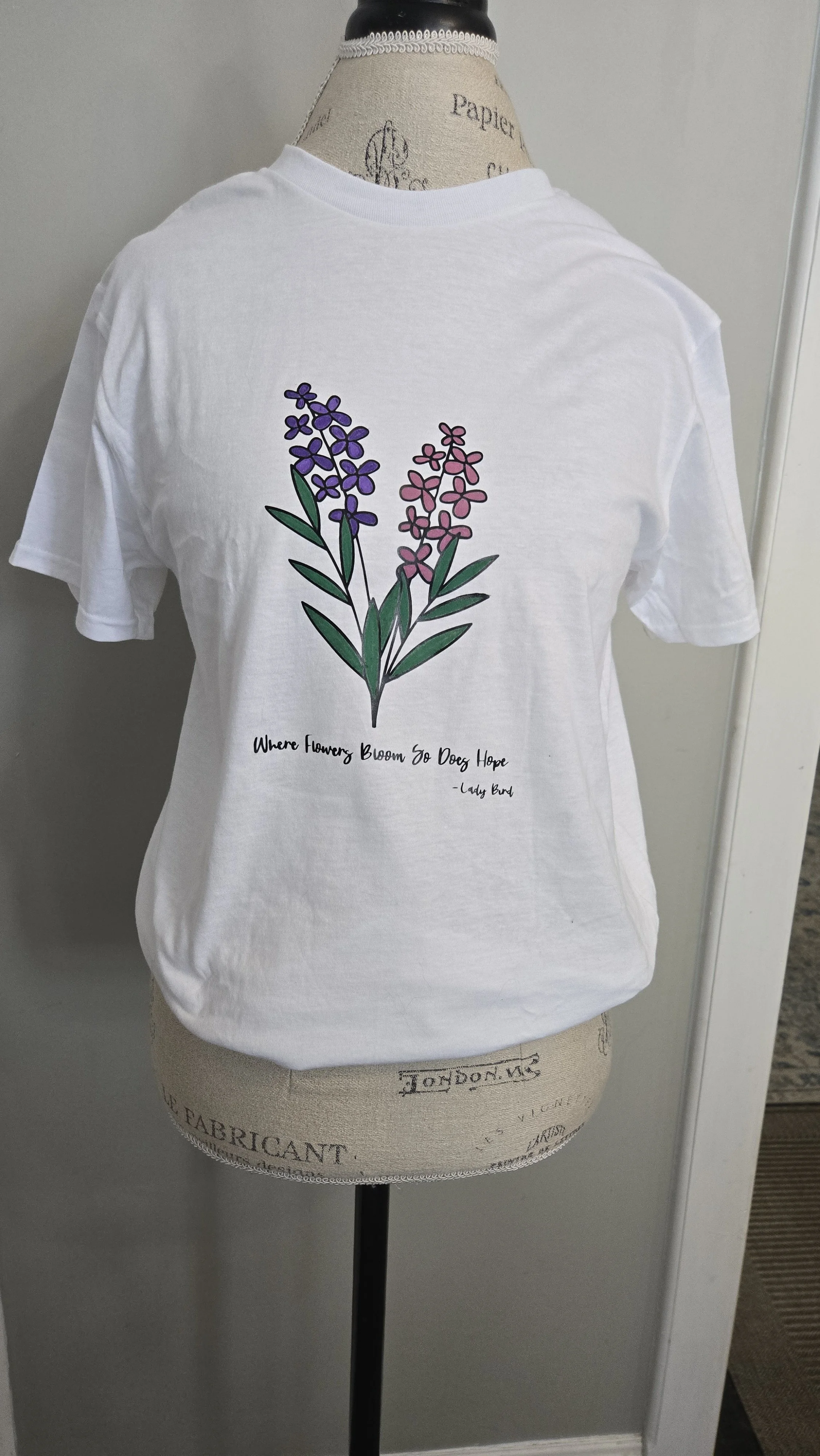 Hand Painted w/ Vinyl Design Cotton T-Shirt - Lady Bird & Lilac Love