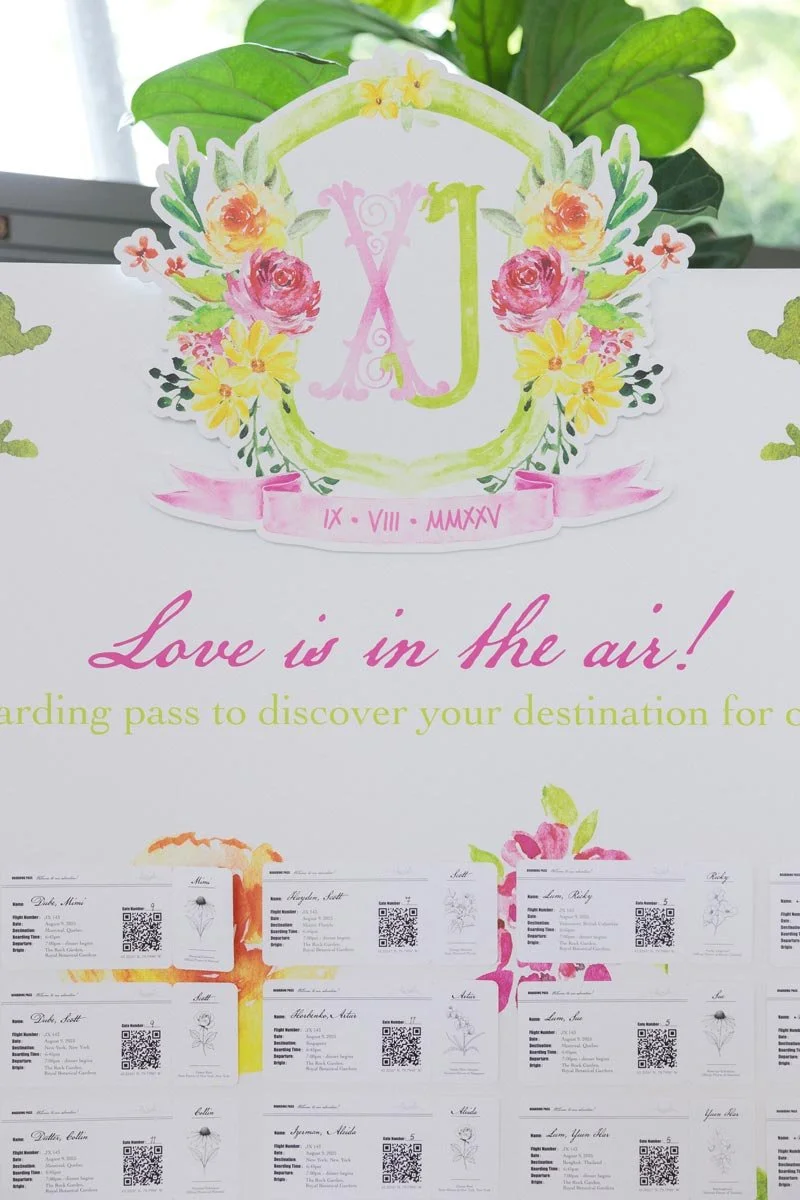 A collection of flower-themed cards or tickets with QR codes and handwritten details, arranged below a decorative sign that features floral artwork, the letter 'J', and the Roman numerals IX - VIII - MMXXV, with a pink banner containing the phrase 'L