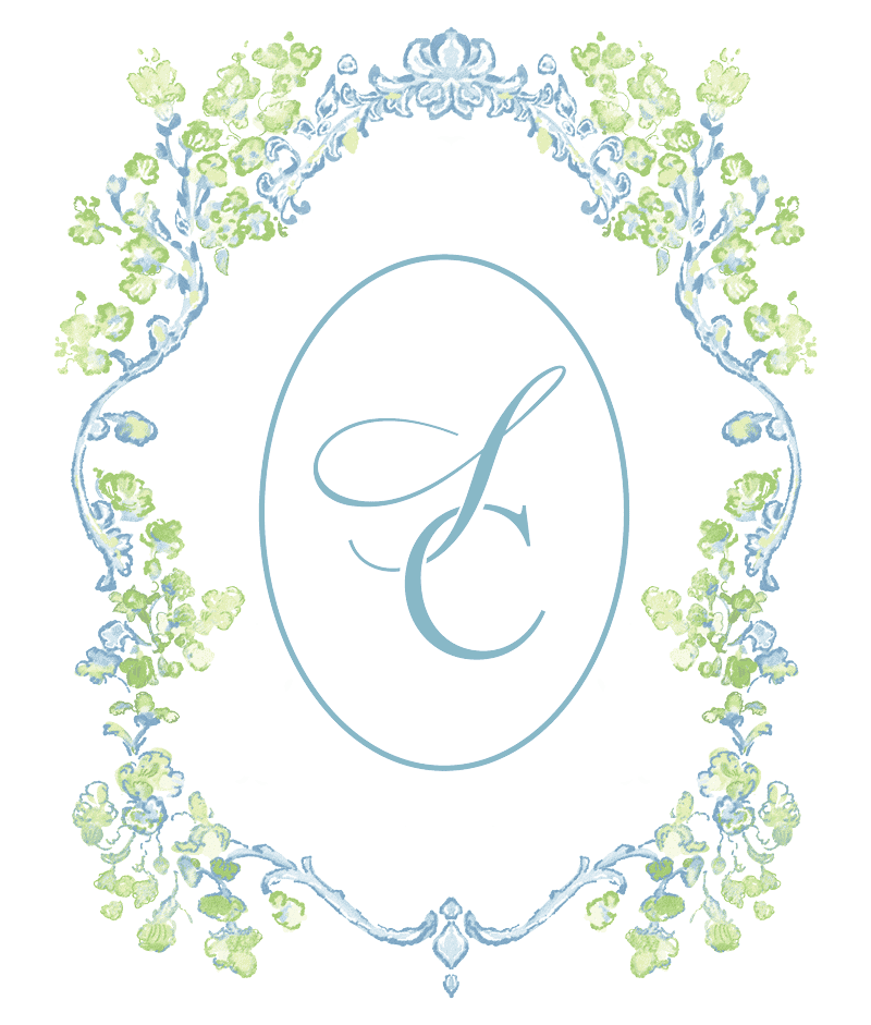 Elegant floral frame with light blue and green flowers surrounding a monogram of the intertwined letters L and C on a black background.
