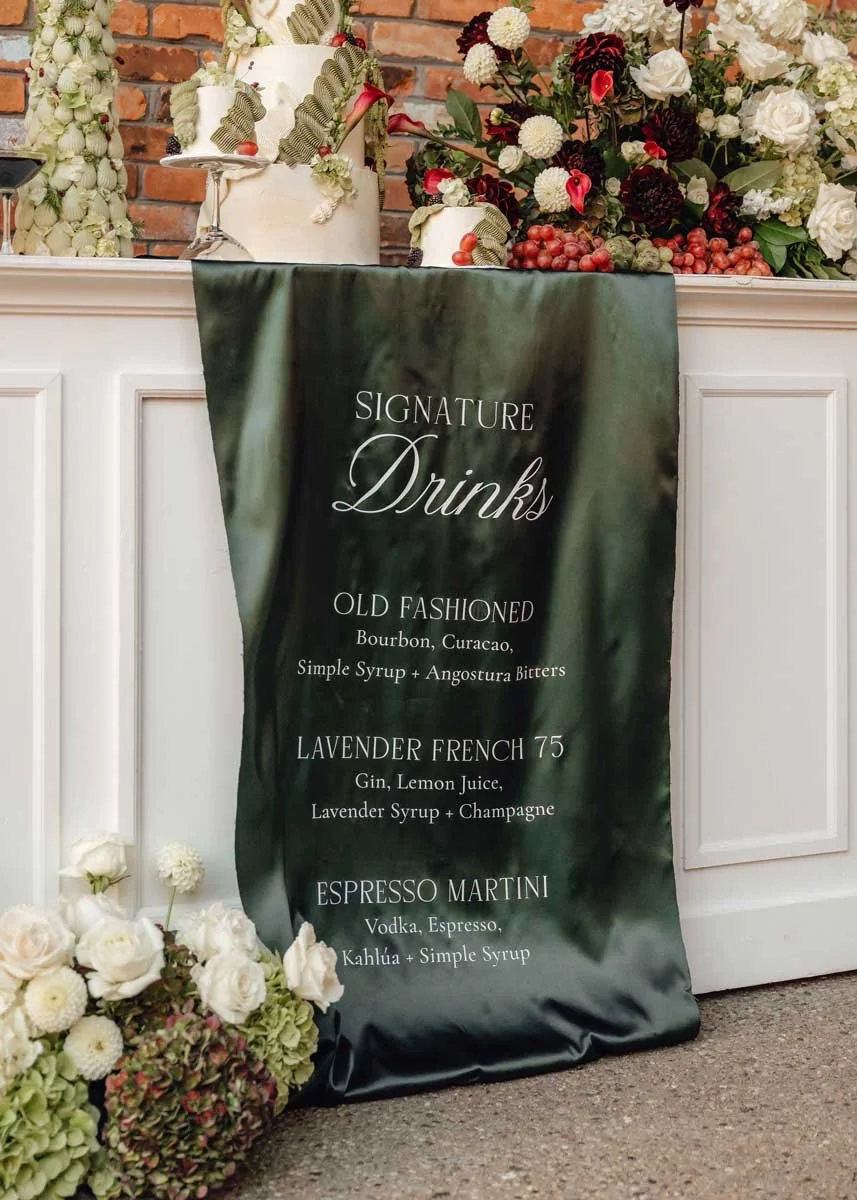 Bar Menu Signature Drinks Signage on Green Satin Fabric
