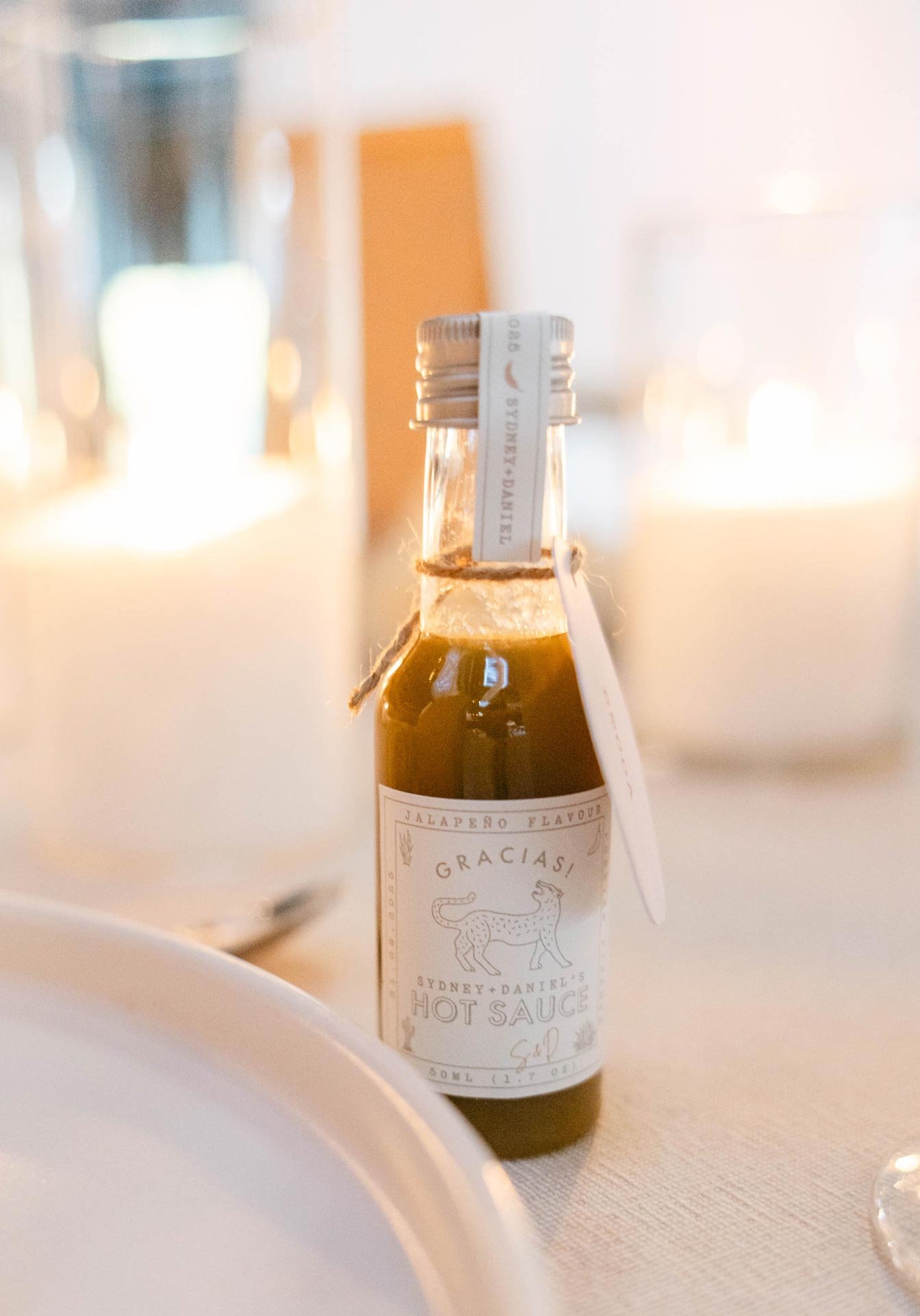 Custom hot sauce label and place card on a hot sauce bottle