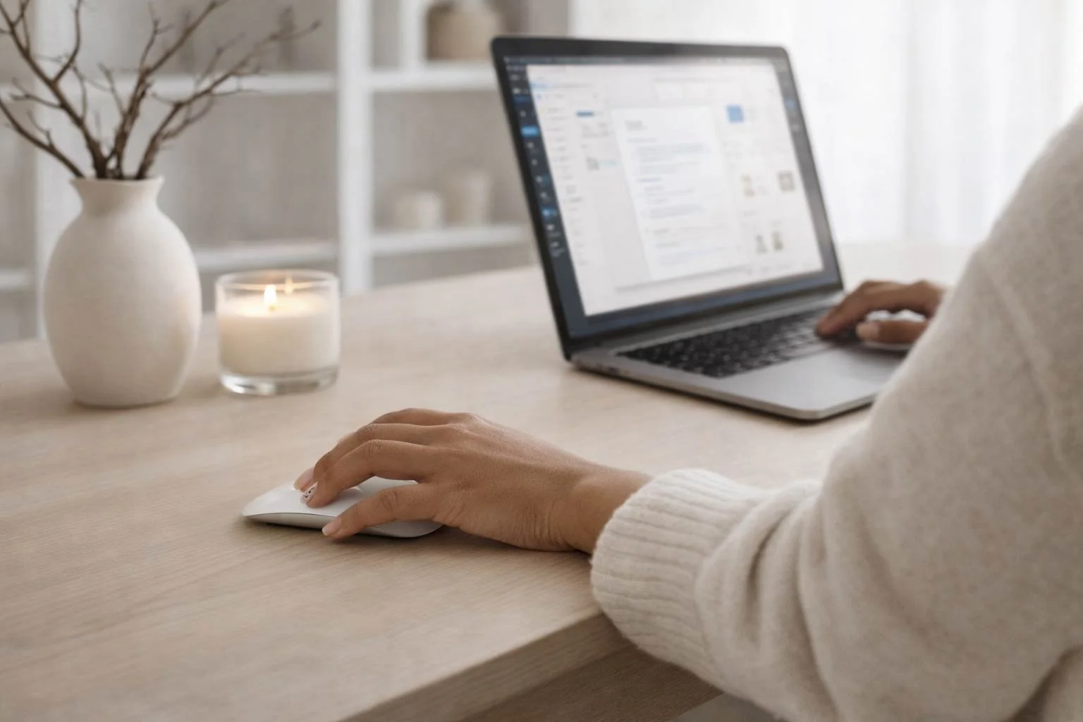 Person using a laptop and a mouse at a wooden desk, with a white vase, a candle, and a bookshelf in the background.