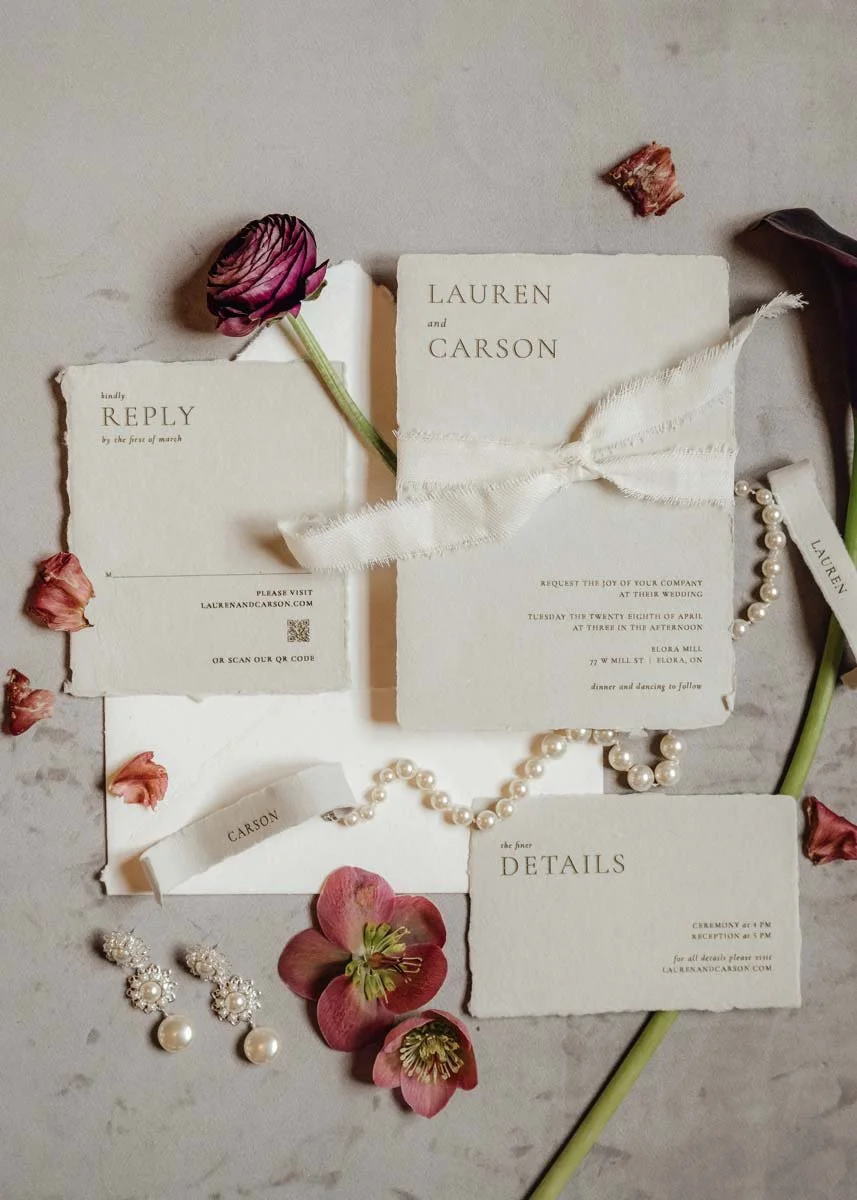 Handmade Wedding Invitation Suite by Toronto Wedding Stationery Company June and Opal with Letterpressed Details, cotton ribbon