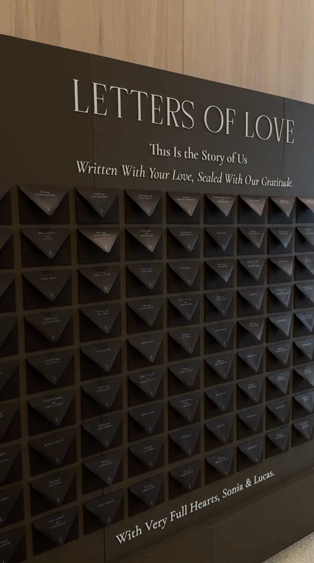 Letters of love seating chart wall with personalized notes for each guest