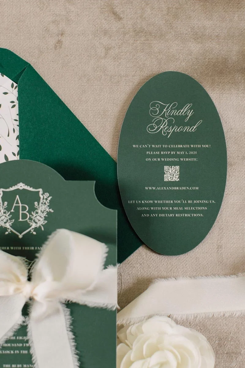 Invitation card with event details and RSVP instructions for a wedding, including a QR code and website URL.