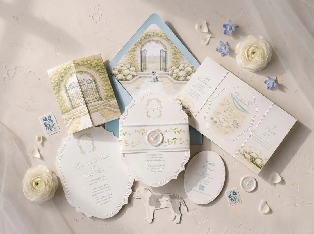 Wedding invitation set with floral and gate motifs, a small dog illustration, white and pale blue color scheme, surrounded by white flowers and decorative elements.