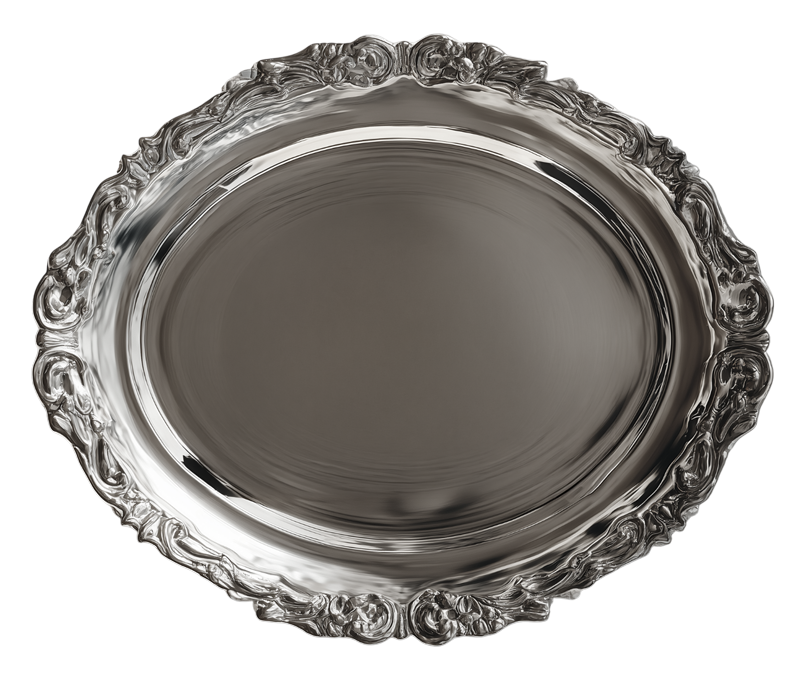 A silver ornate decorative oval tray with intricate floral and scroll patterns around the edges.