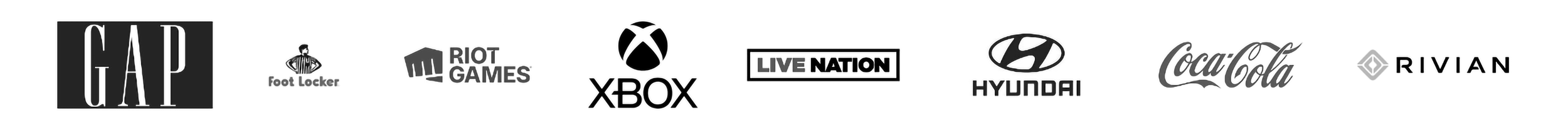 Trusted by: brand logos (GAP, Foot Locker, Riot Games, Xbox, Live Nation, Hyundai, Coca-Cola, Rivian)