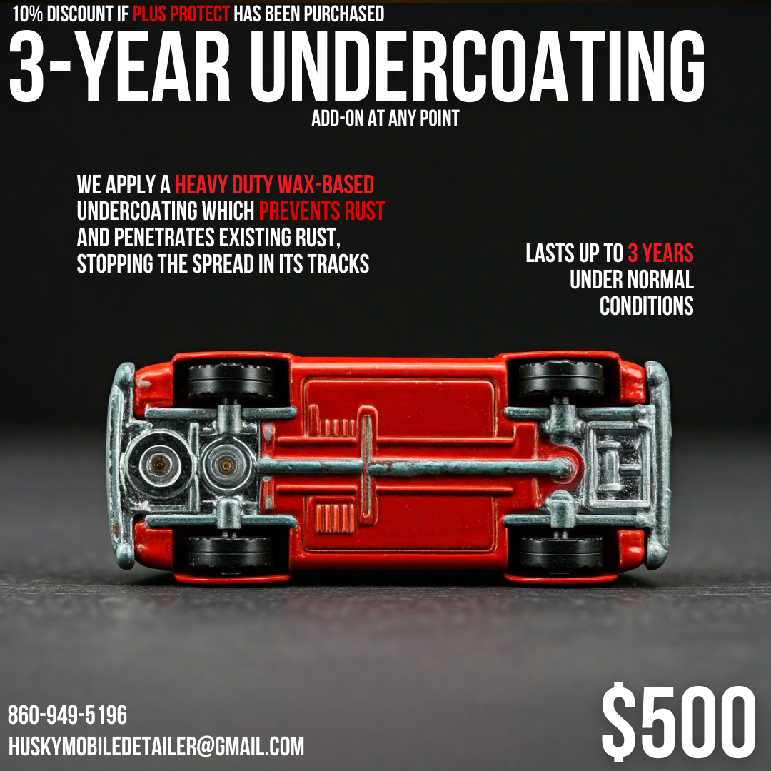 Red toy car flipped upside down with text promoting an undercoating service, offering a 10% discount if plus protect is purchased. The ad emphasizes a three-year durability with heavy-duty wax-based undercoating that prevents rust, lasting up to three years under normal conditions. Contact details and price of $500 are included at the bottom.