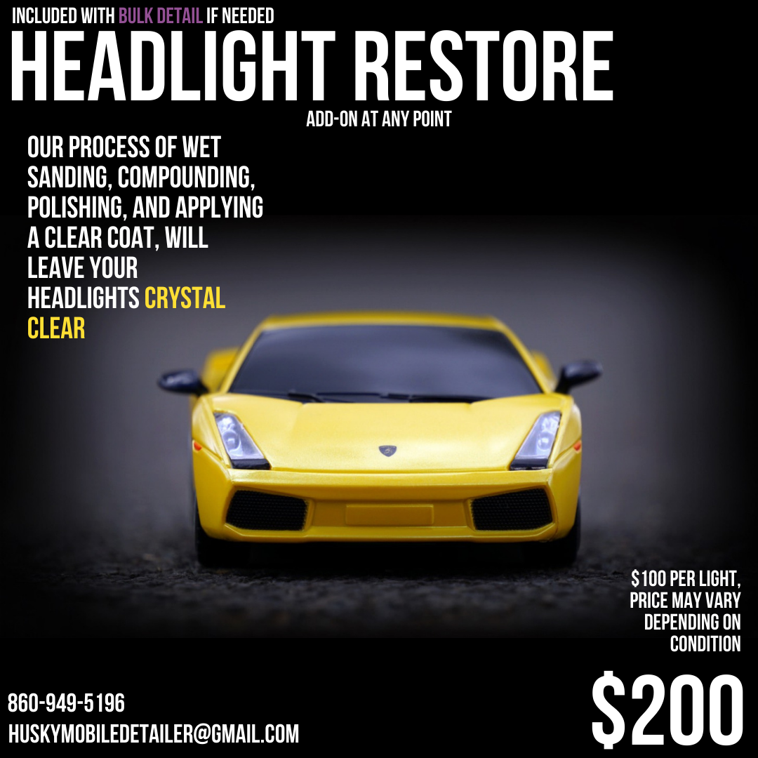 A yellow sports car with a black background. Text advertising headlight restoration service with a price of $200, contact information, and details about the process and pricing.