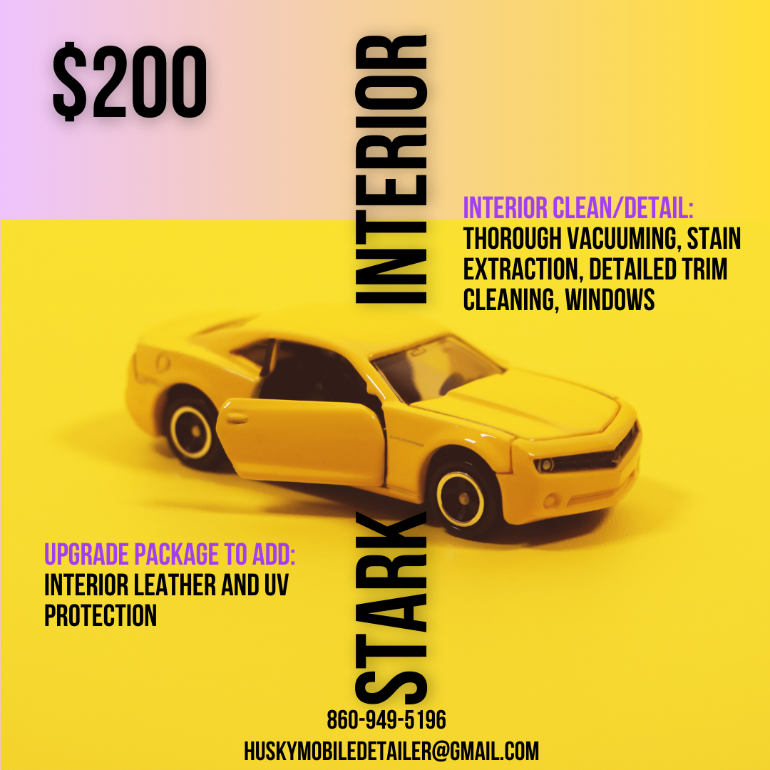 Garage interior cleaning advertisement with a toy yellow car on a colorful background, detailing services and contact information.