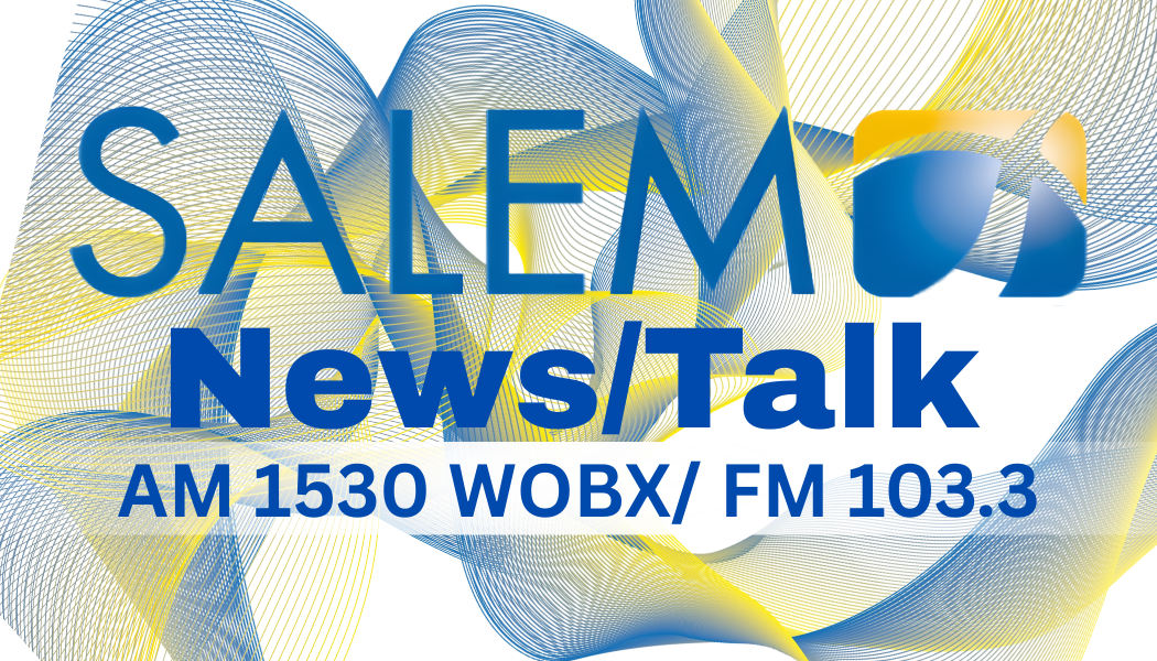 Salem's News Talk logo with blue and yellow abstract background, radio station frequencies AM 1530 and FM 103.3.
