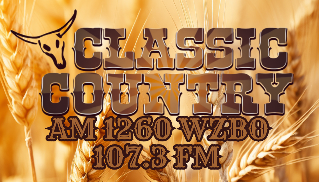 Radio station station graphic with wheat background, station name 'Classic Country', frequency at 1260 AM and 107.3 FM.