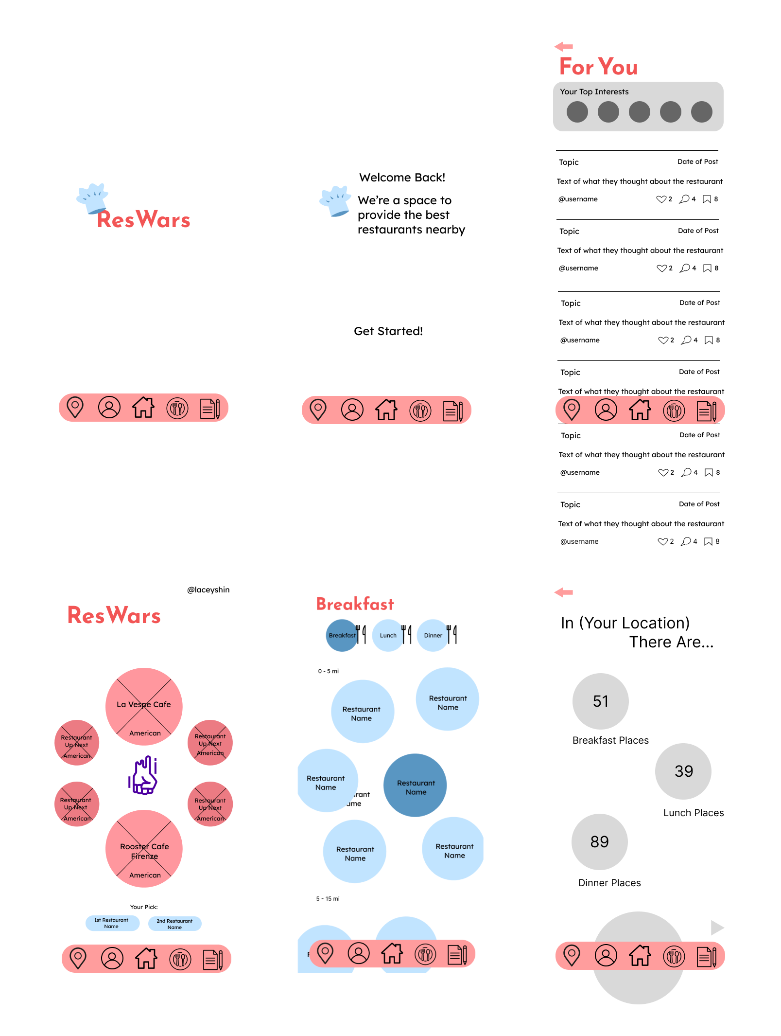 Digital Wireframes - At this stage, I explored different color palette options. The pink and blue tones represent the bright and welcoming nature brunch places in Florence that invite users to explore.