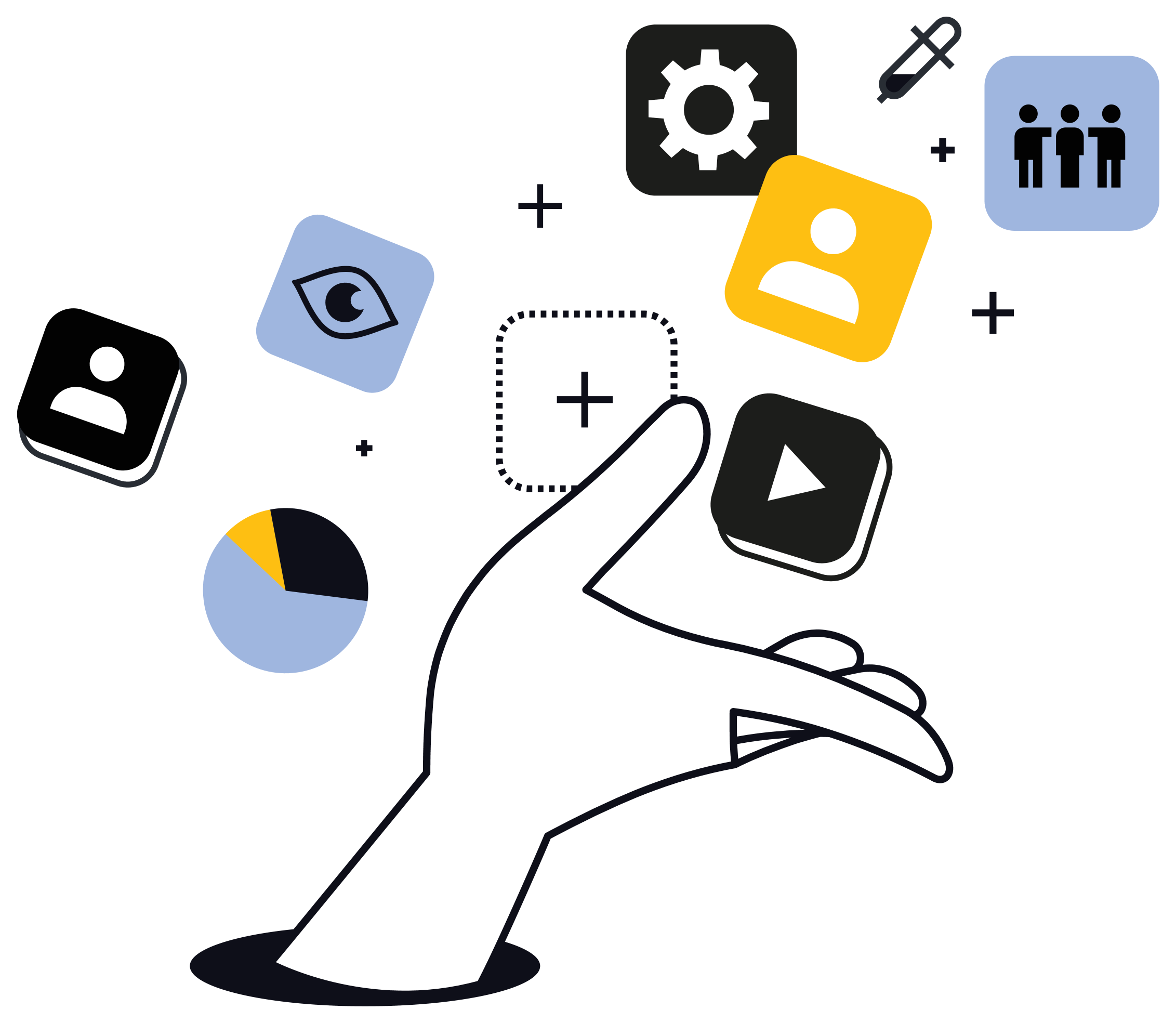 Illustration of a hand holding a smartphone with various icons floating around, including a gear, an eye, a group of people, a pencil, a pie chart, and other symbols representing different concepts.