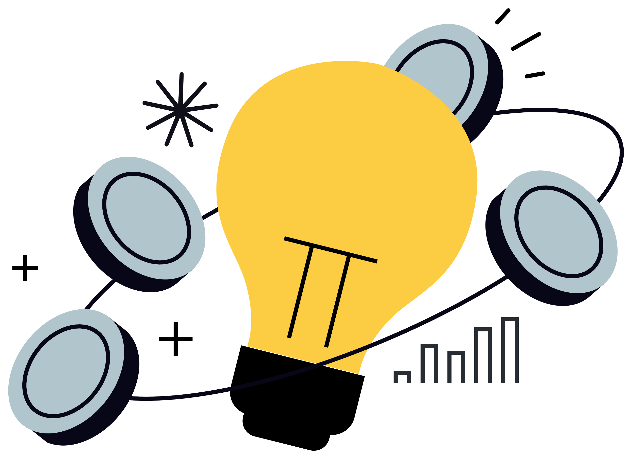 A digital illustration of a yellow light bulb, surrounded by grayish-blue coins and abstract shapes.