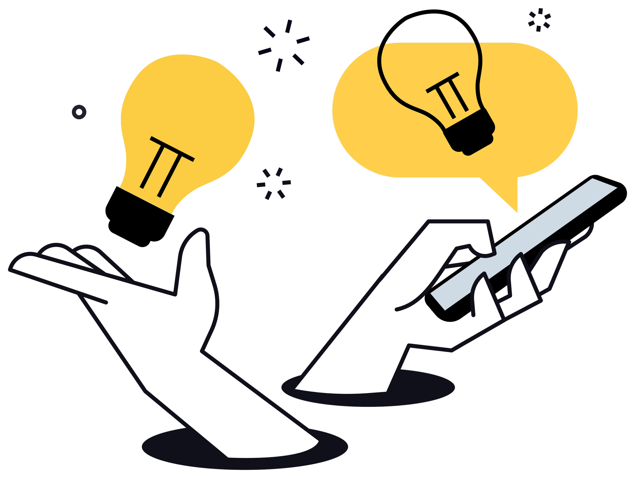 Hands holding a smartphone, with speech bubbles containing light bulb icons above them, symbolizing ideas or innovation.