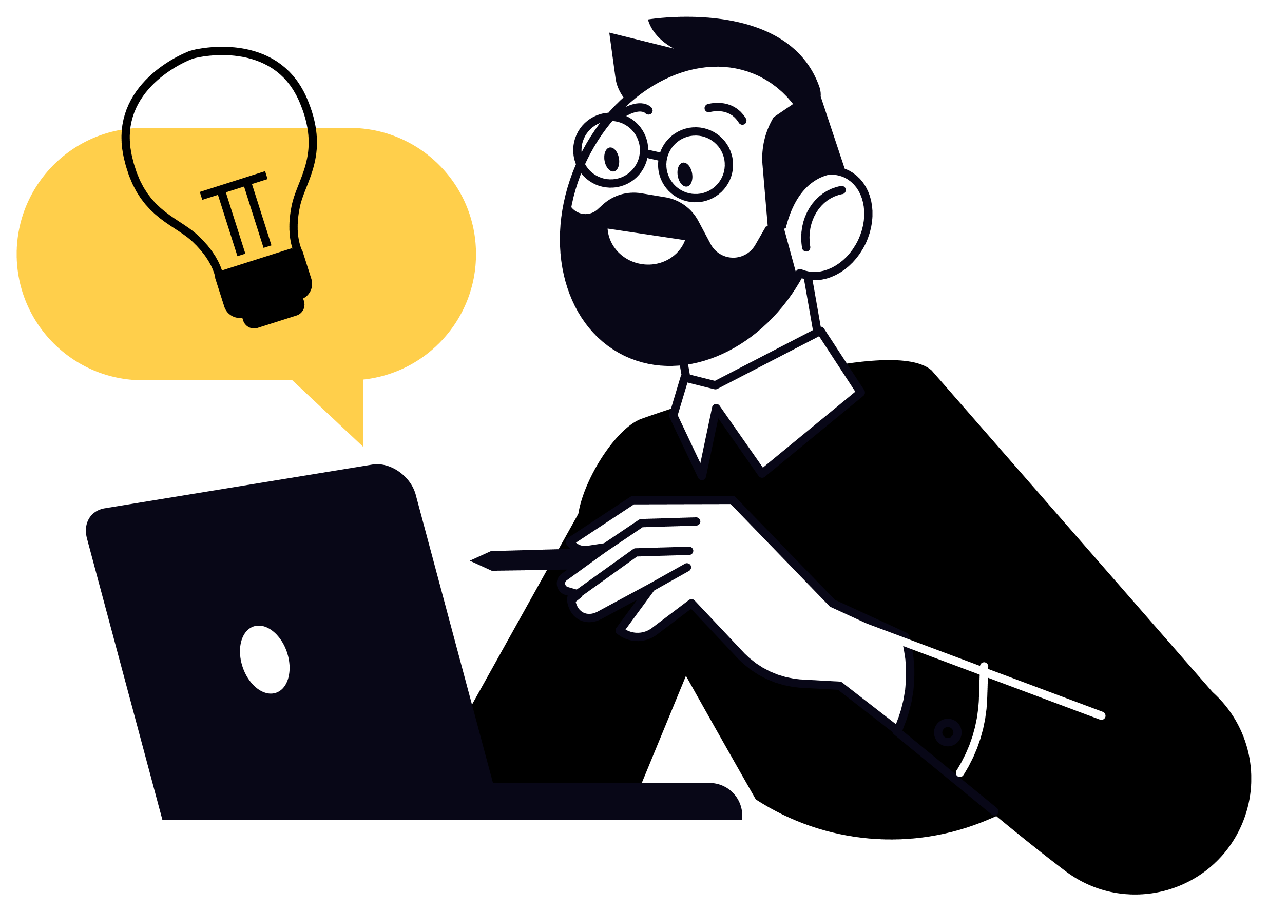 A cartoon illustration of a man with glasses and a beard, using a laptop. There is a speech bubble with a yellow background showing a lightbulb symbol.