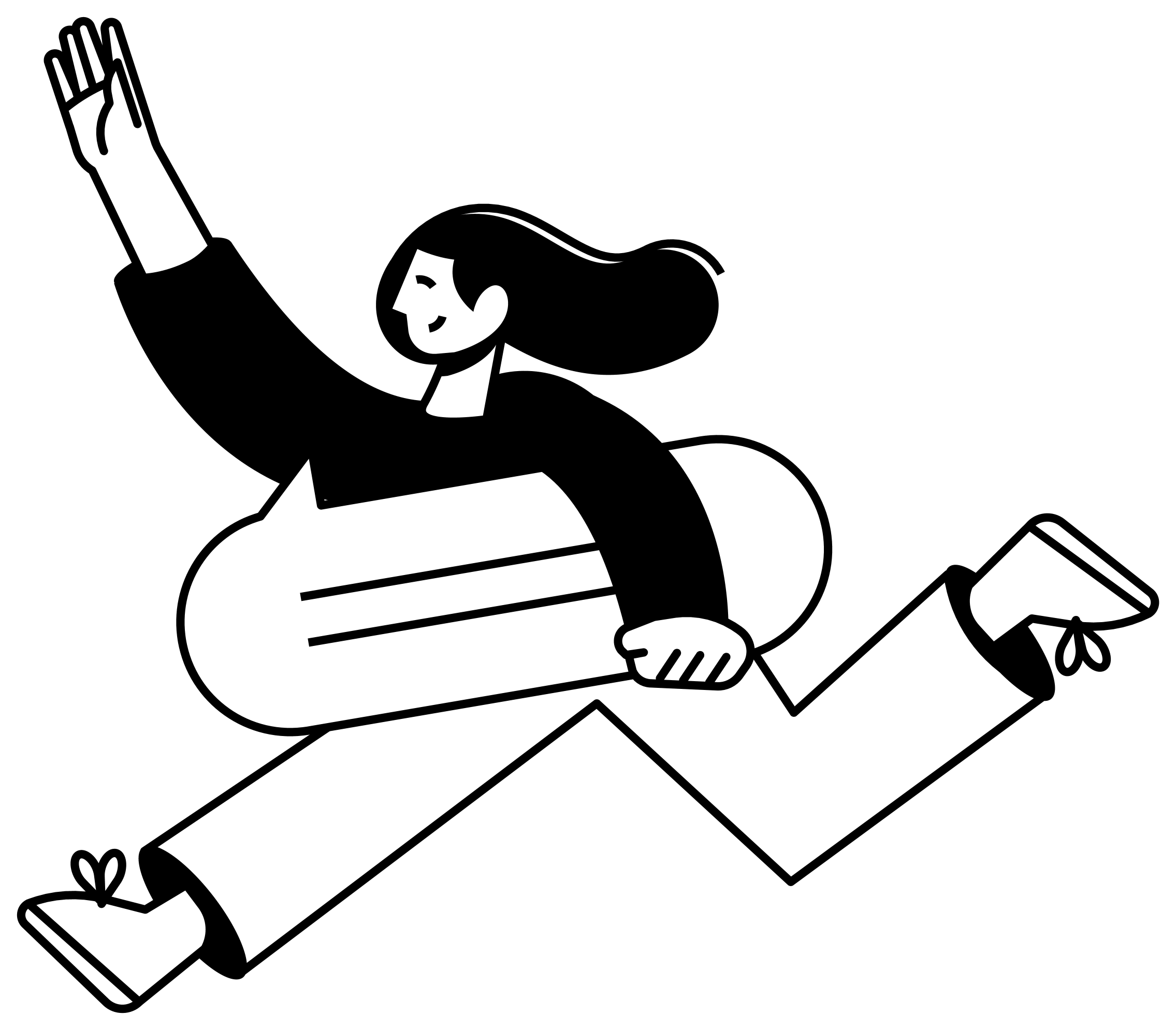 Black and white illustration of a person riding a horse, holding a flag.