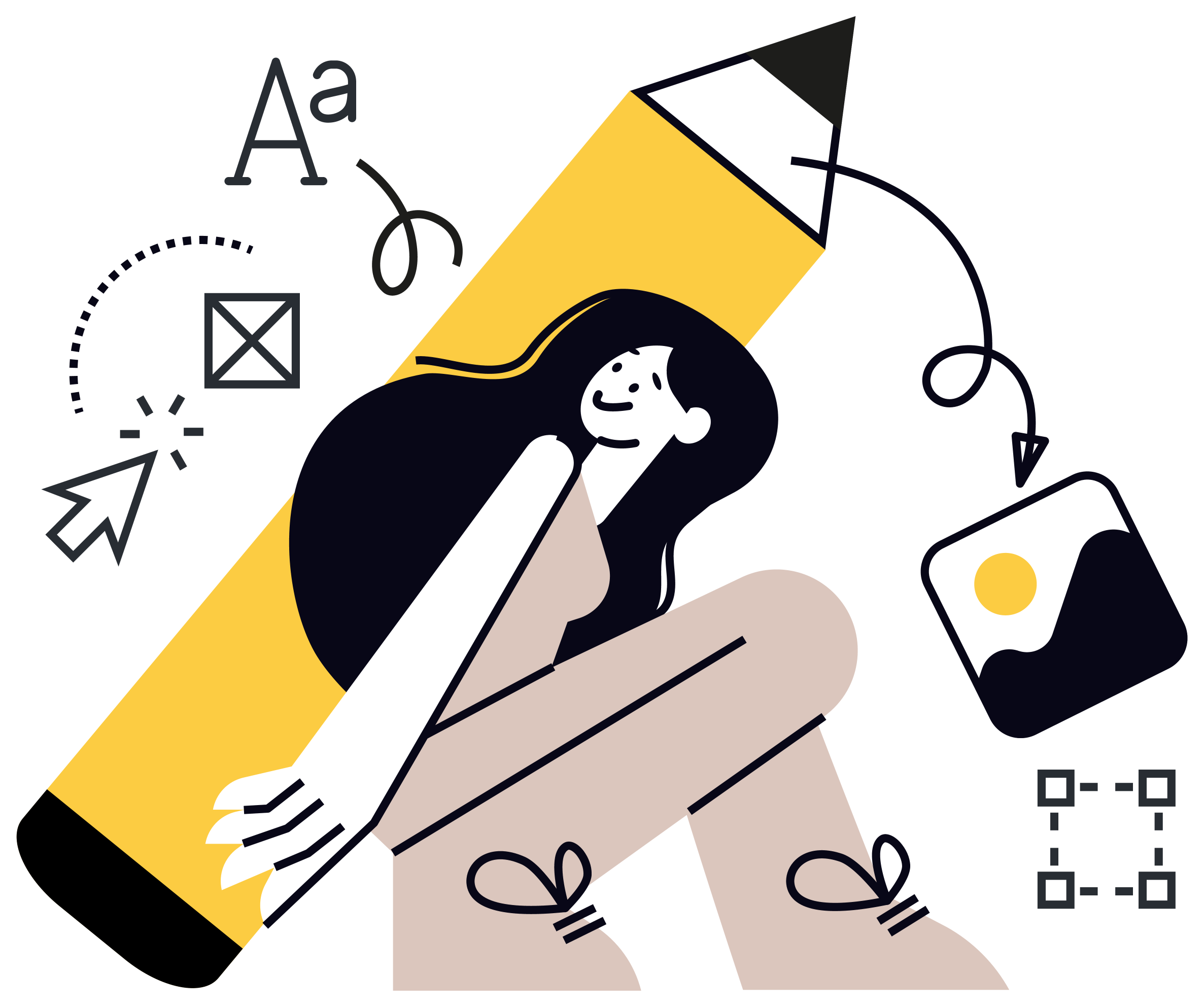 Illustration of a person holding a large pencil with various icons around, including a paper airplane, envelope, and speech bubble.