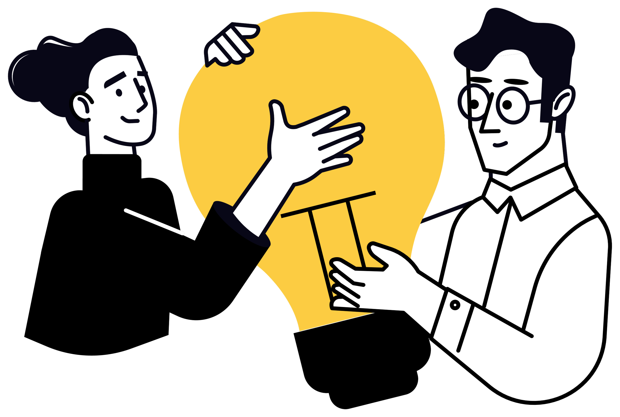 Digital illustration of a woman handing a man a large yellow lightbulb. Represents donating hours to entrepreneurs.